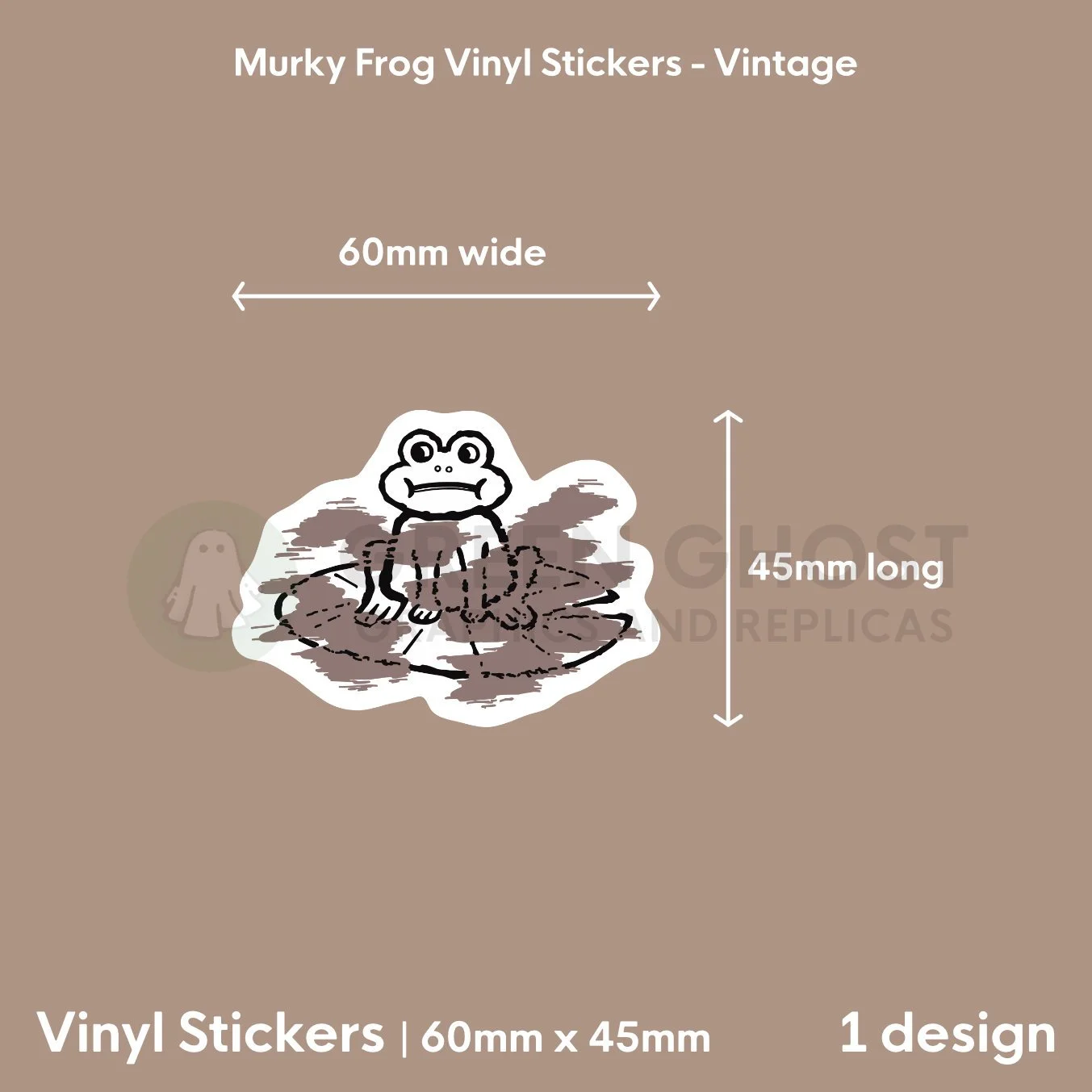 Sticker on a light brown background showing the dimensions, 60mm x 45mm.