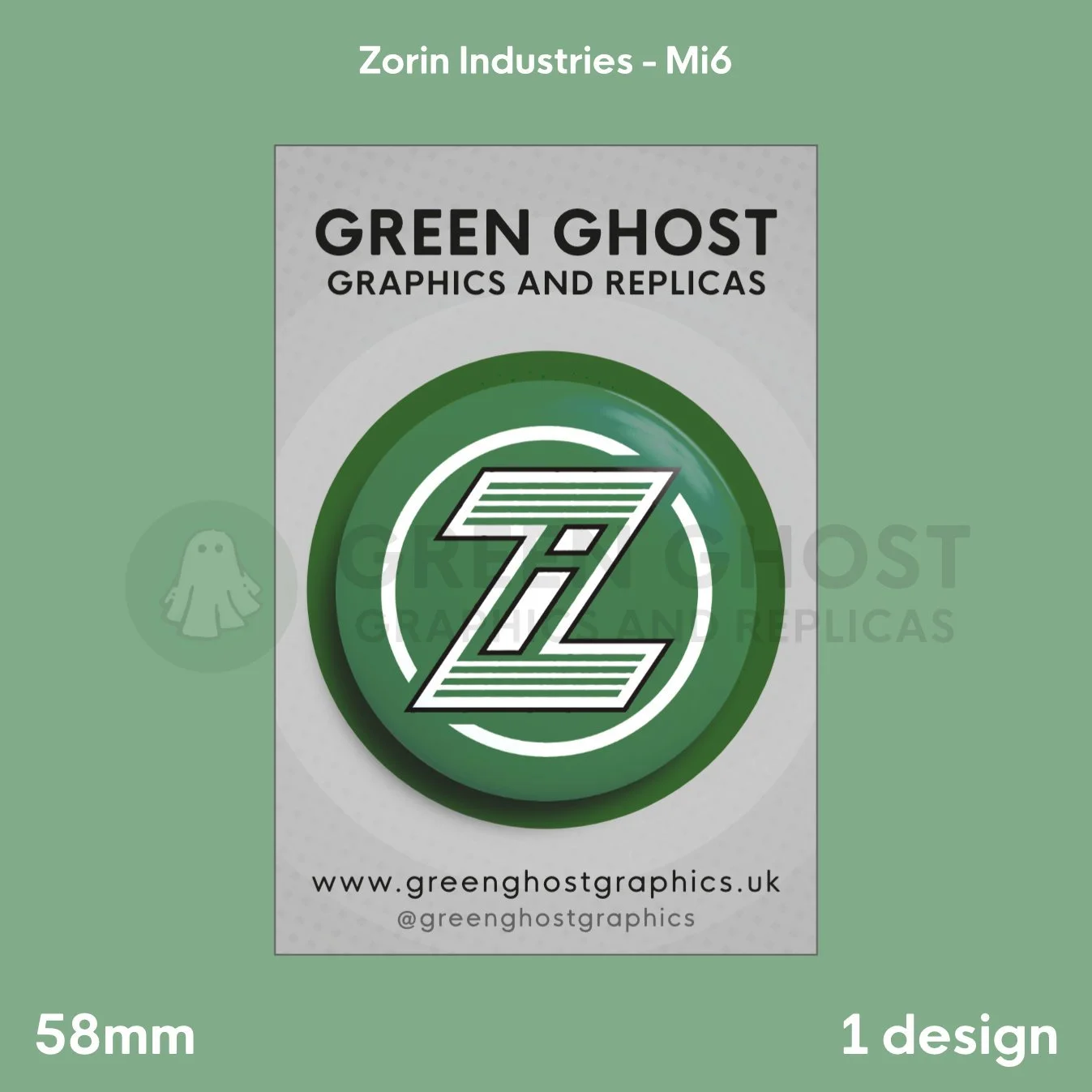 A round green badge with a white striped “Z” logo displayed on a branded backing card.