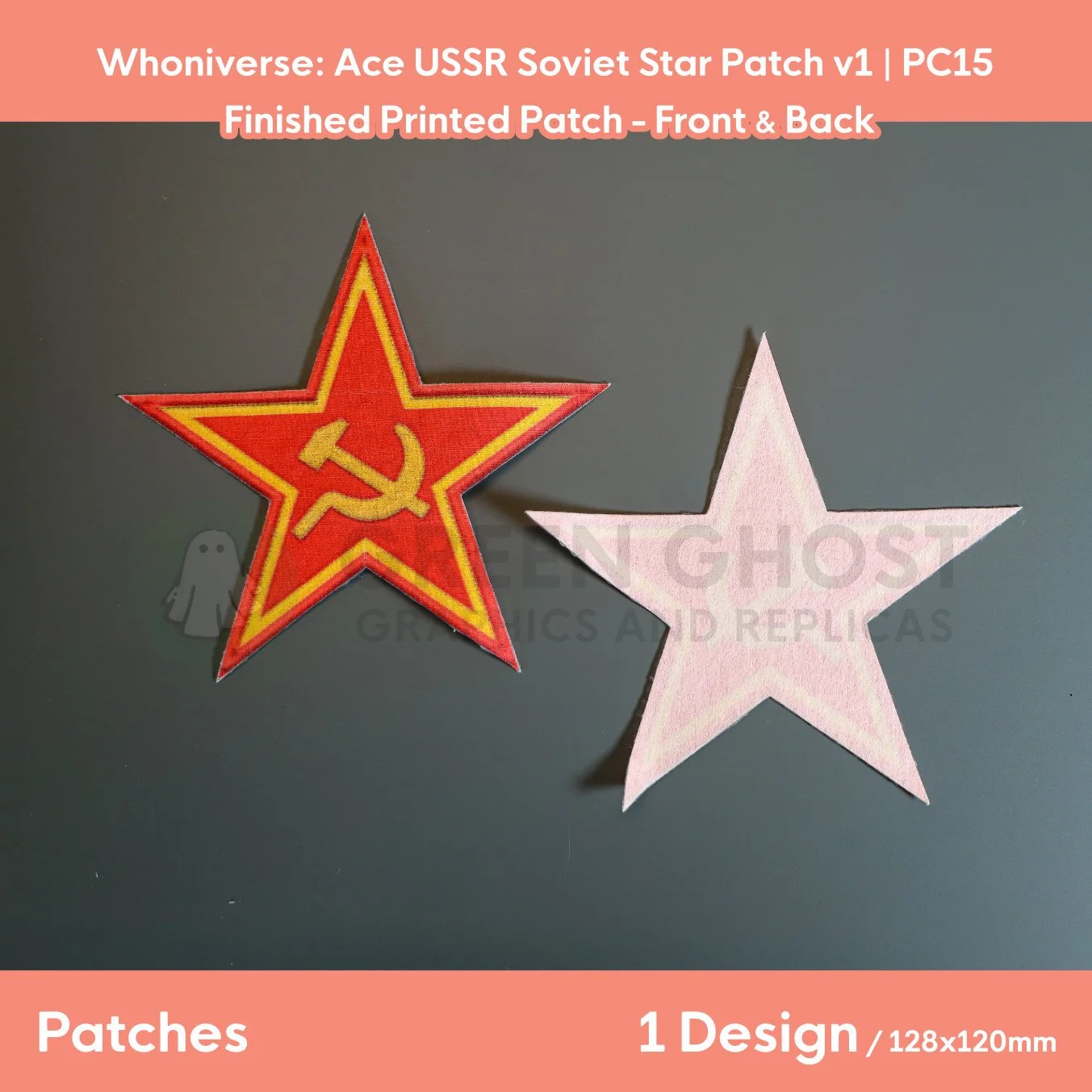 Finished version of the USSR patch laid flat on a table showing the front design and the interfaced backing.