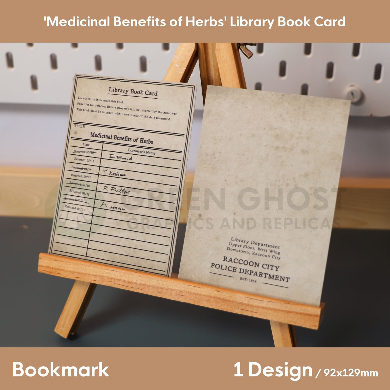 A library book card styled as a vintage checkout slip for ‘Medicinal Benefits of Herbs,’ shown on a wooden easel with handwritten borrower entries.