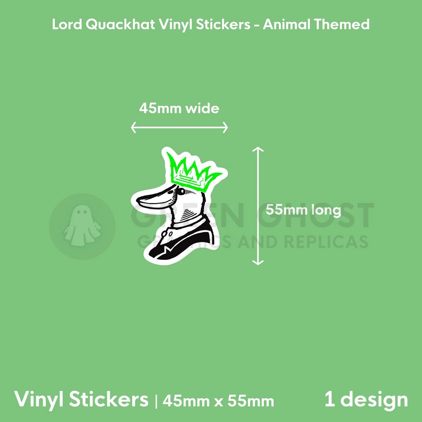 Sticker on a green background showing the dimensions, 45mm x 55mm.