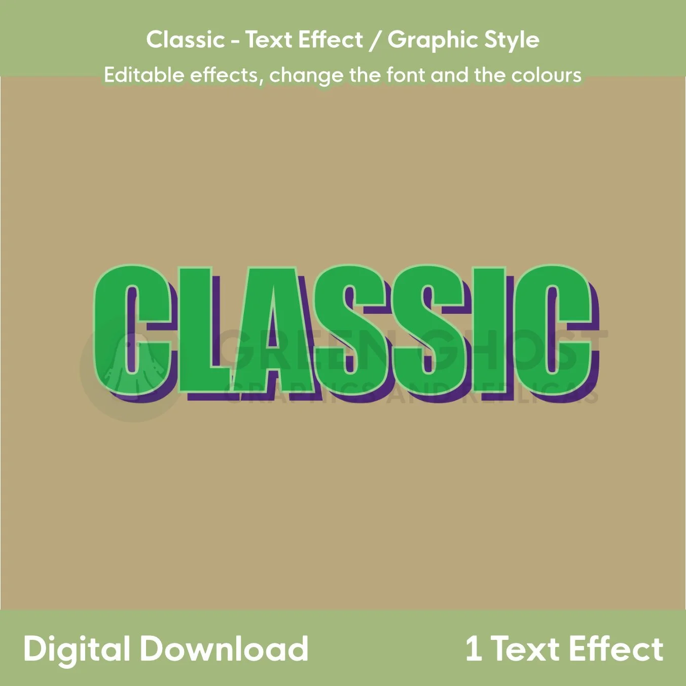 A green “CLASSIC” title with a purple shadow effect shown on a tan background.