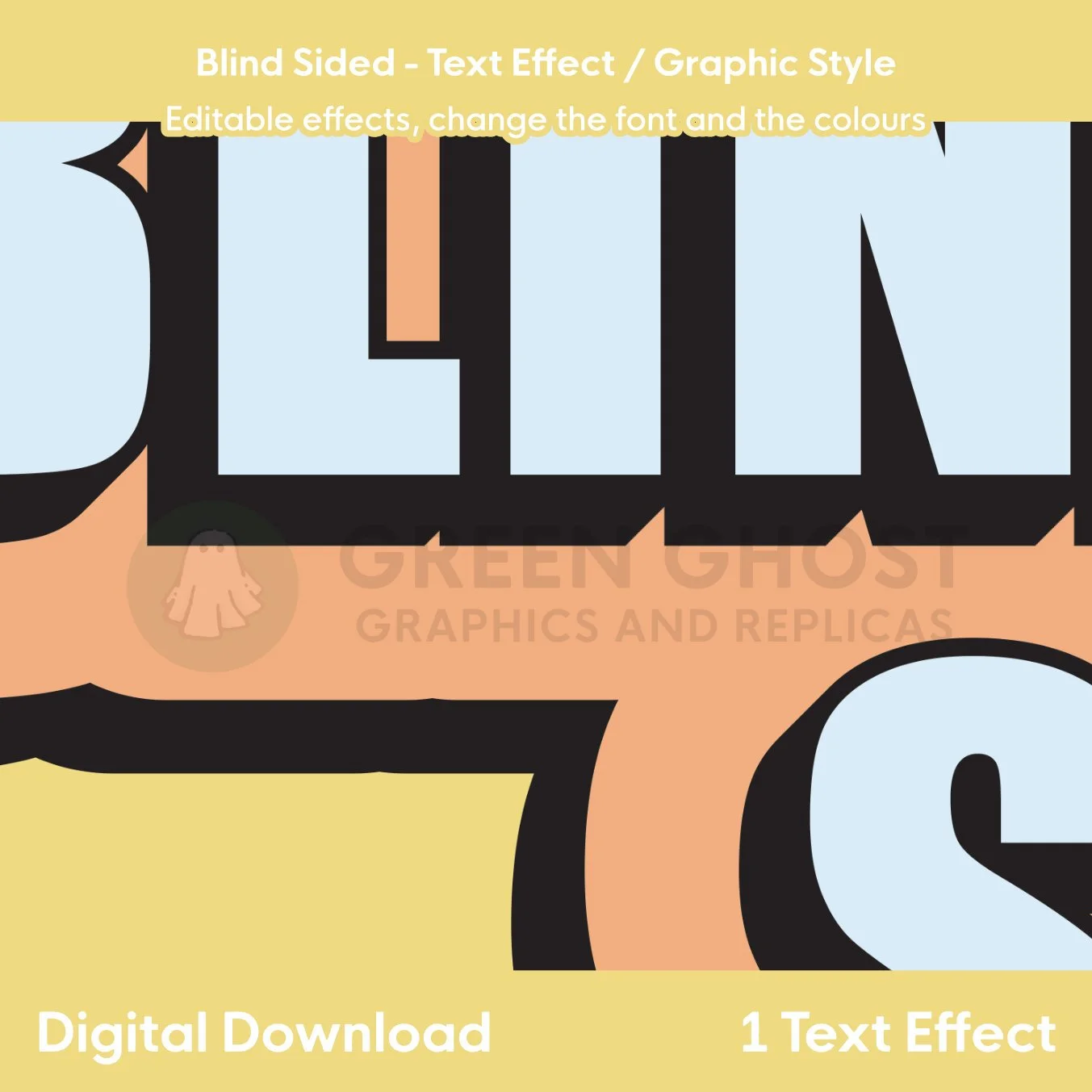 A cropped light‑blue “BLIND SIDED” text effect with thick black edging shown against a beige and yellow backdrop.
