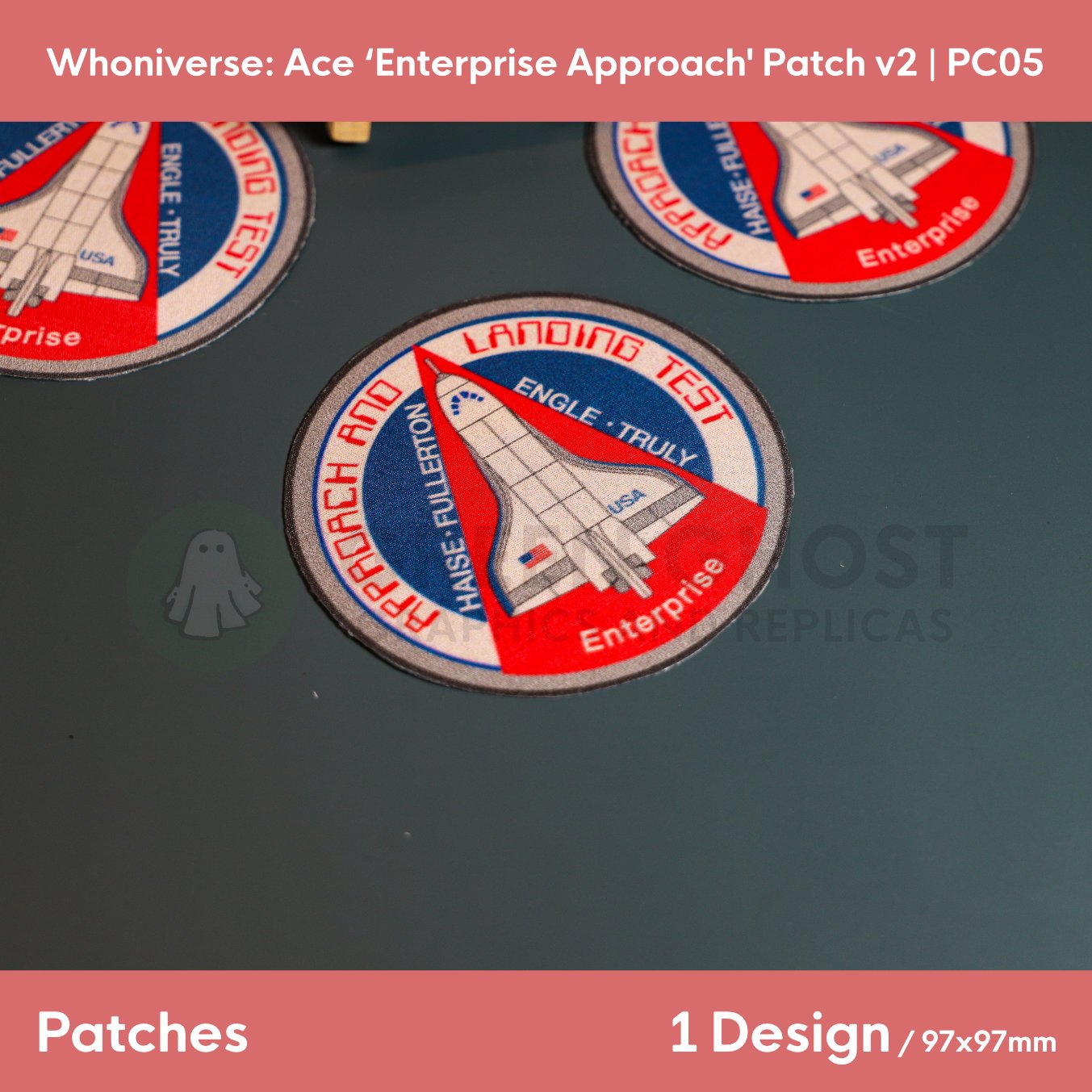 Close up of the finished version of the Enterprise Approach patch design, on a plain aqua green background.