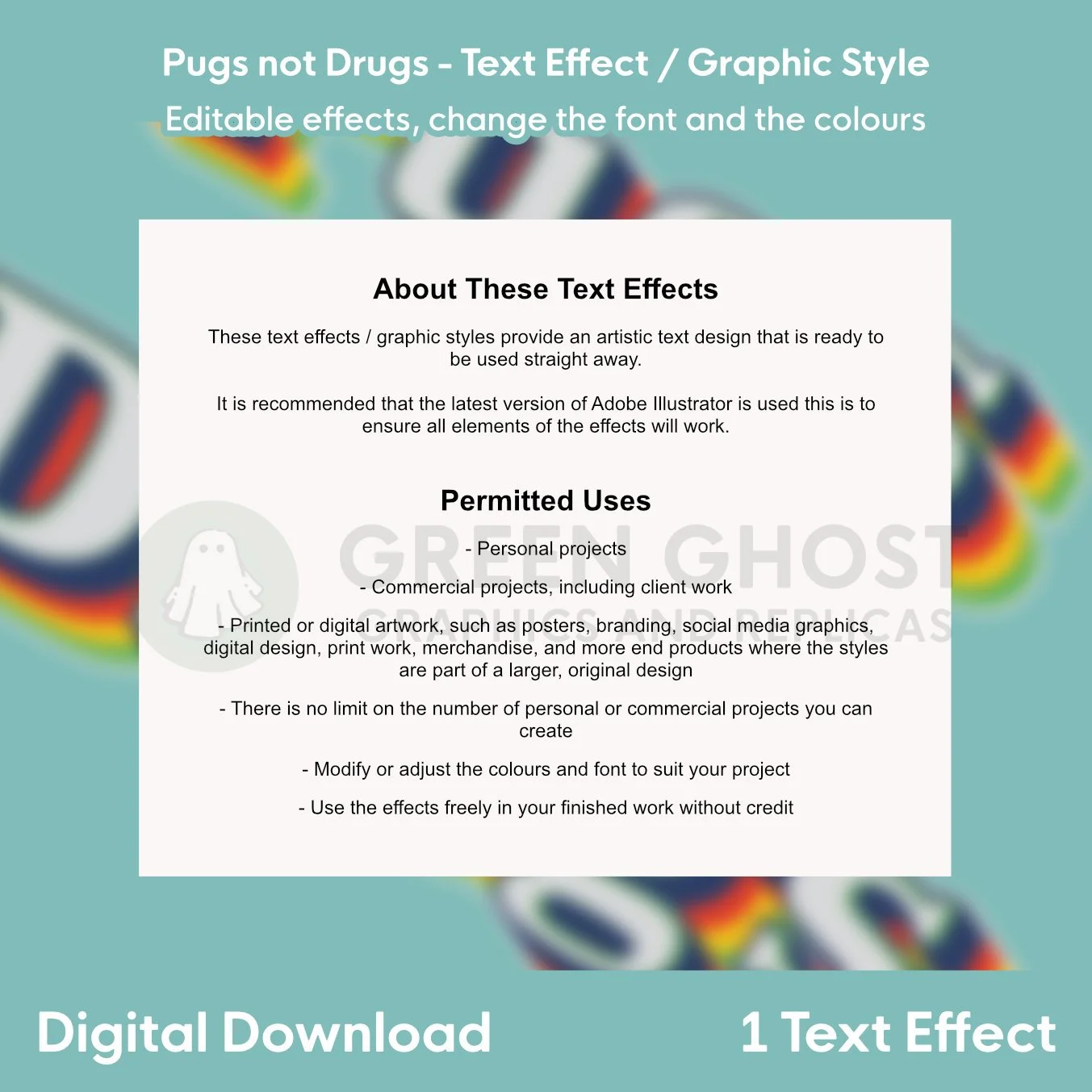 About the modern style Pugs not Drugs text effect and how it can be used.