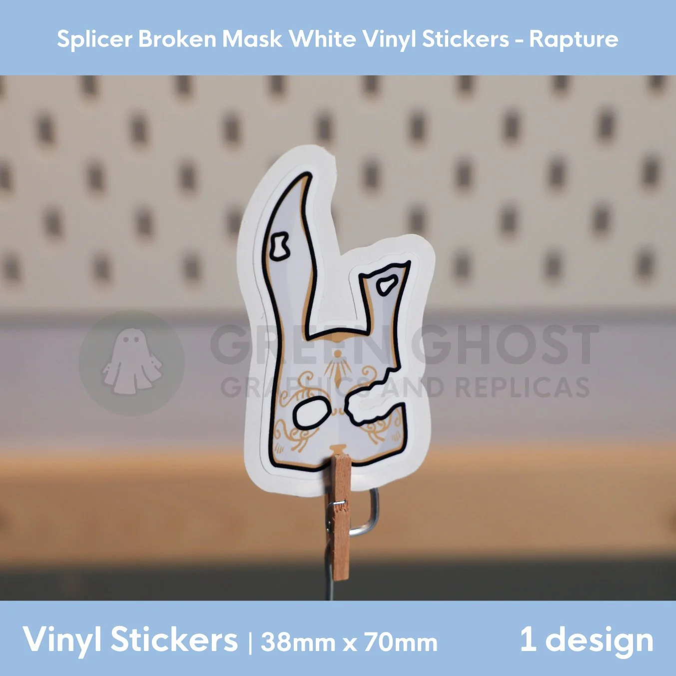 Rabbit mask with on a blurred peg board background.