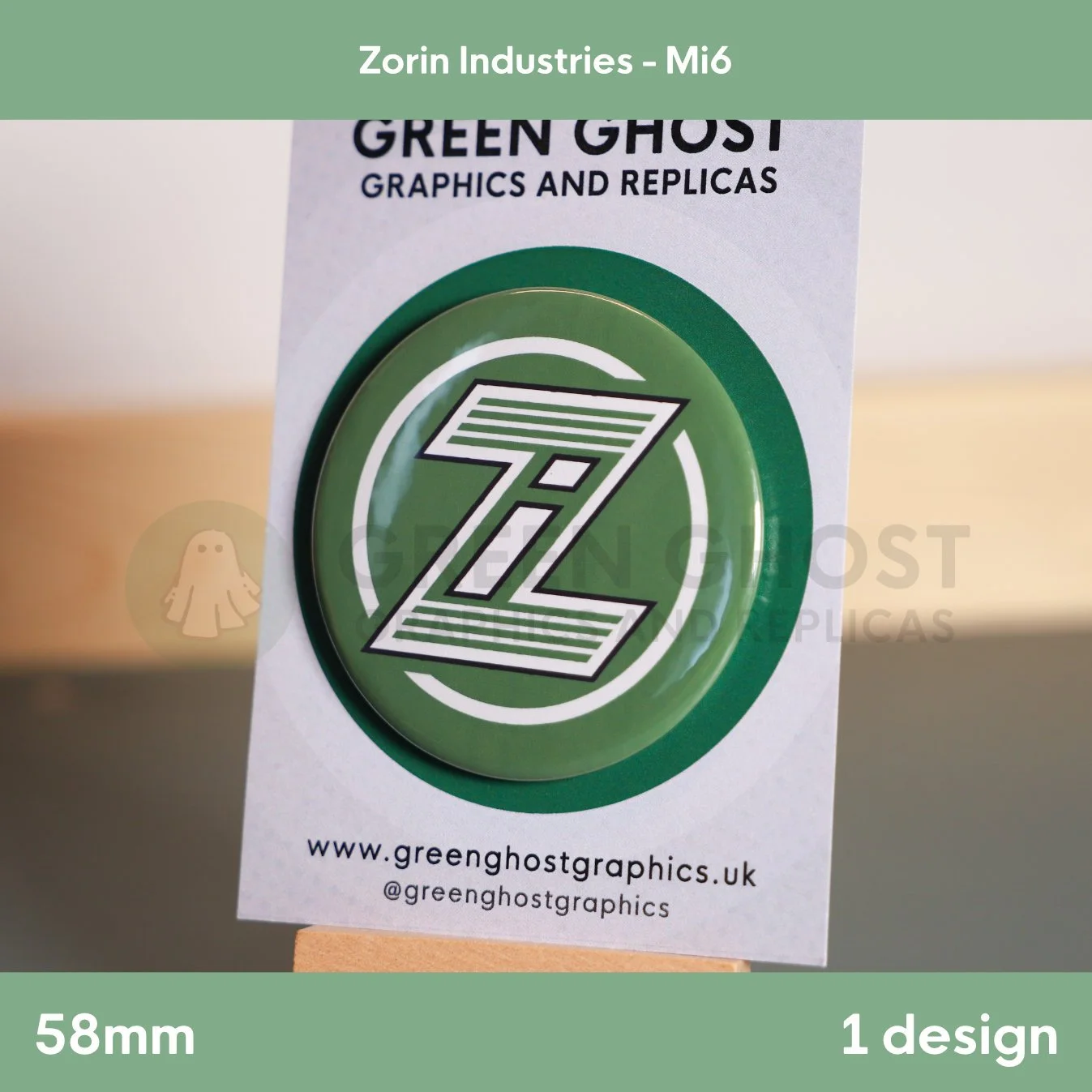 A circular green badge with a bold white “Z” logo shown on a branded display card.
