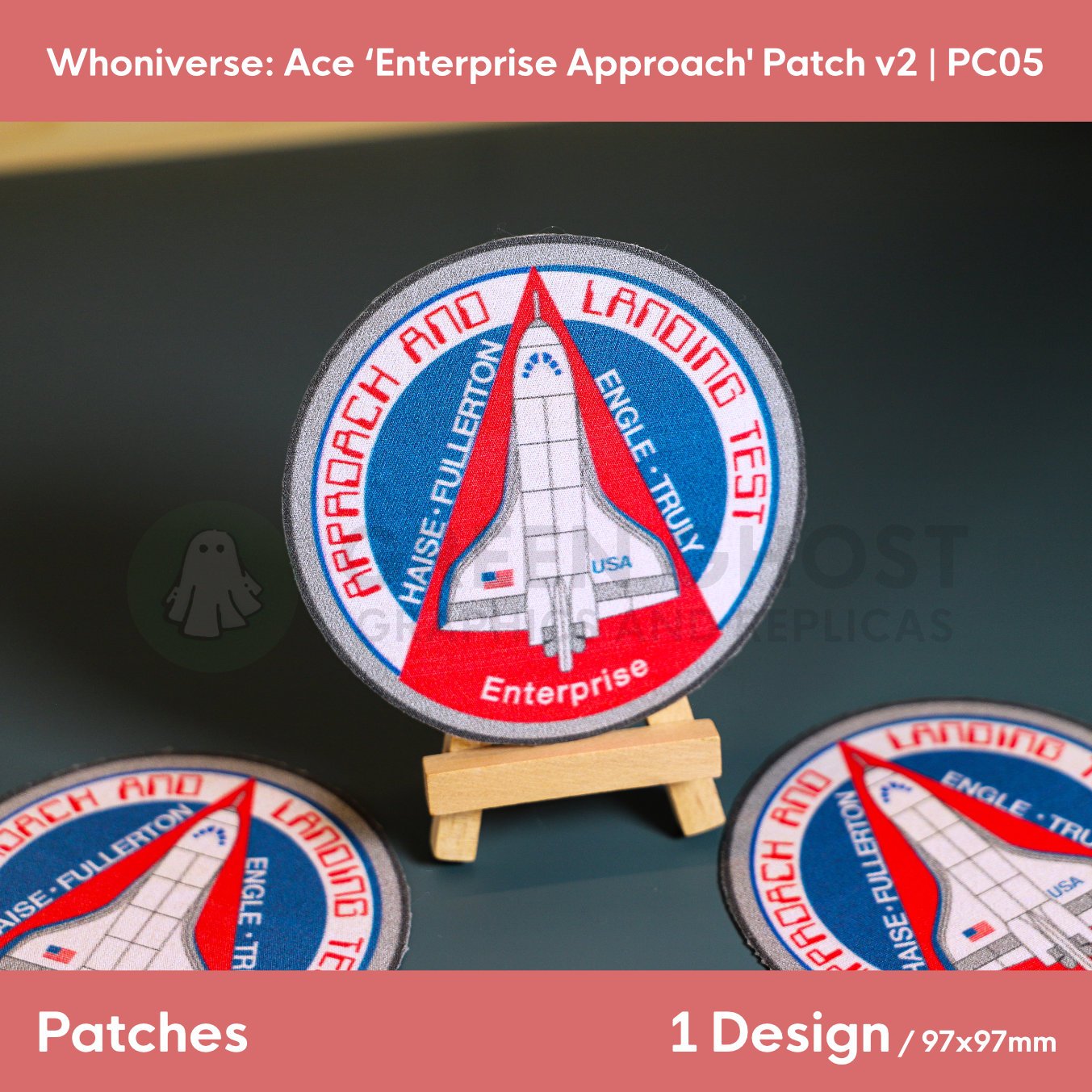 Close up of the finish Enterprise round patch on a small easel surrounded by further finished versions on a aqua green background.