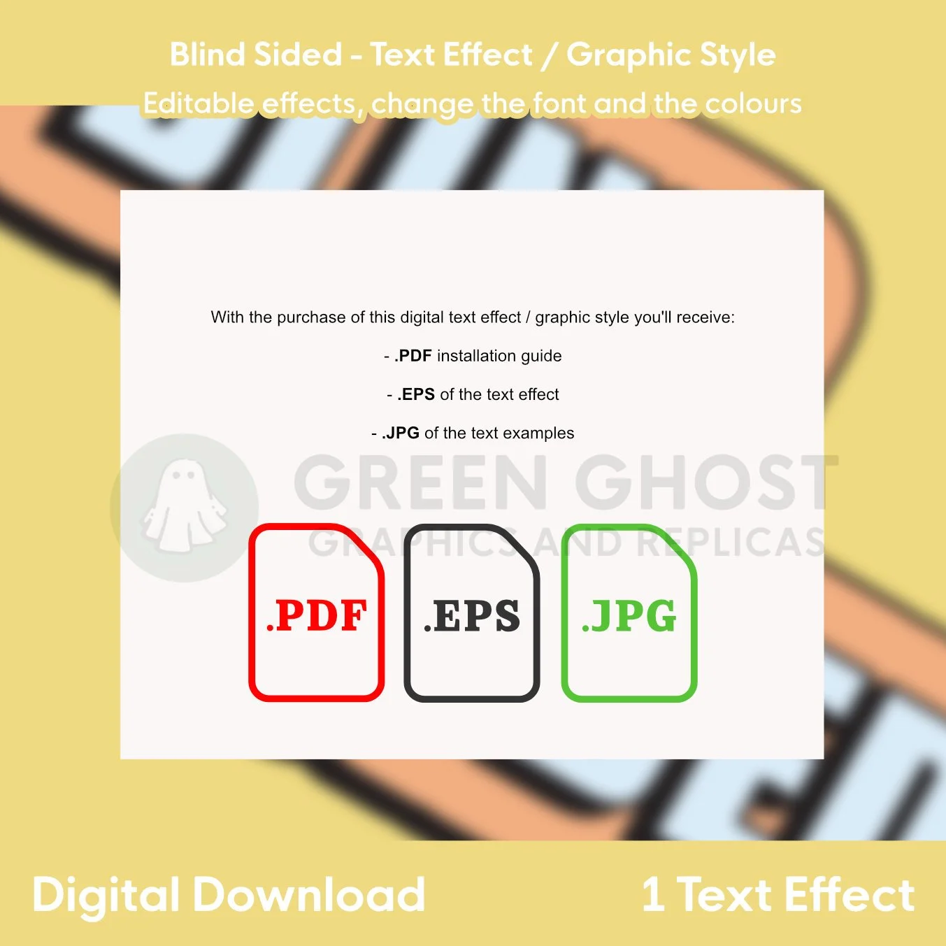 A clean white layout listing included digital files beneath the “Blind Sided” text effect header on a yellow background.