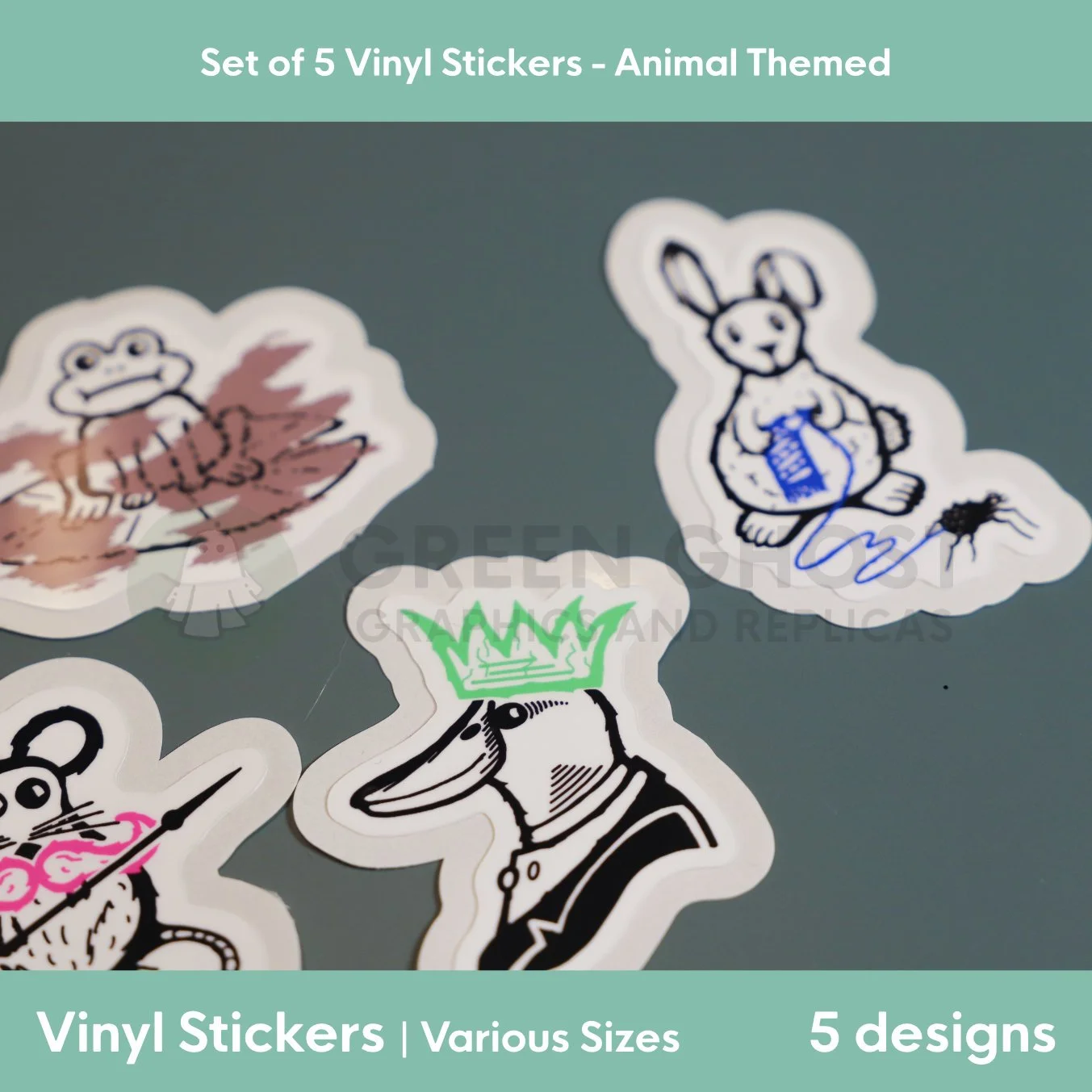 Close up of Lord Quackhat with its green crown / party hat in his fashionable suit. surrounded by the other designs.