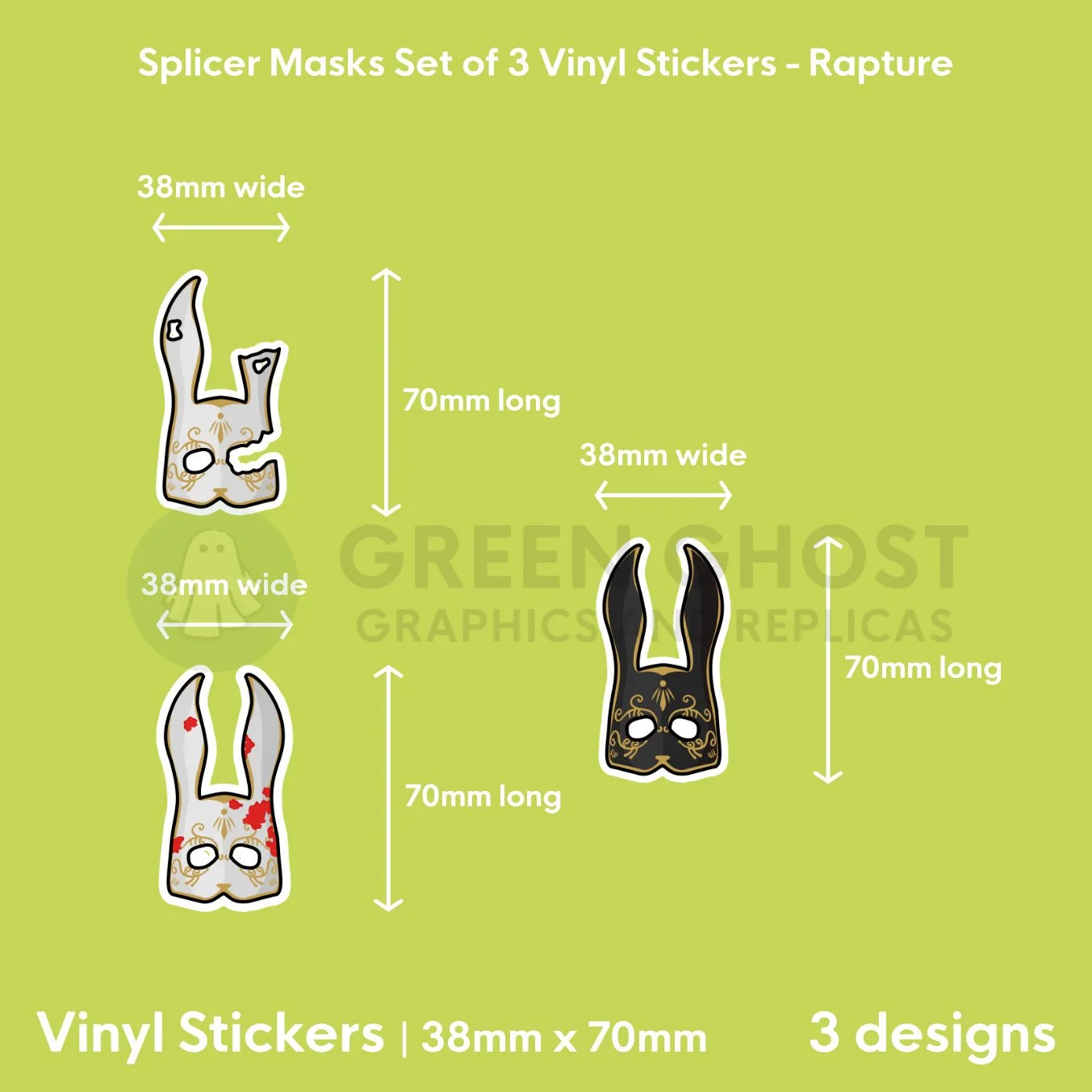 Stickers on a vibrant green background showing the dimensions of the stickers, all are 38mm x 70mm.