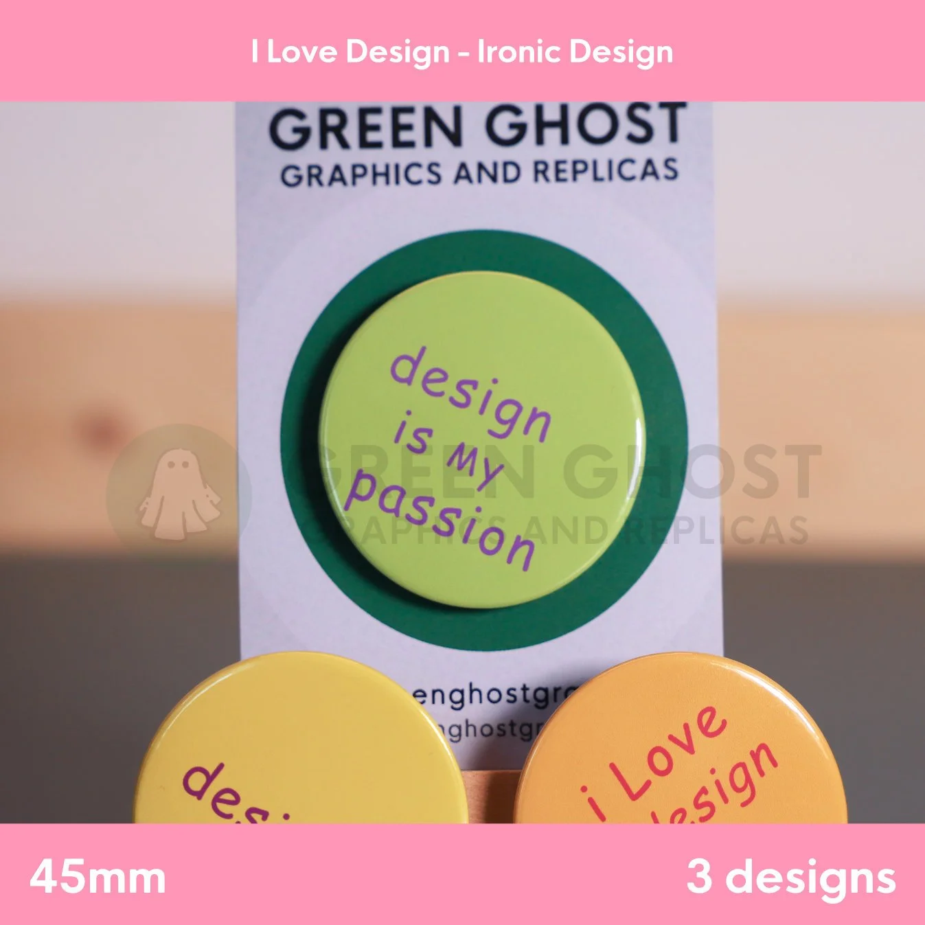 A round green badge with purple “design is my passion” text attached to a branded card on a wooden easel.