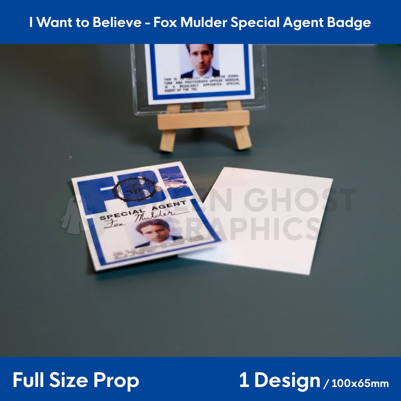 A blue and white FBI identification card reading “SPECIAL AGENT Fox Mulder” displayed on a surface beside its plain white reverse.