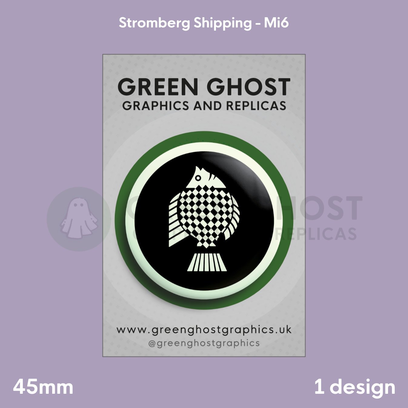 A round badge with a black‑and‑white geometric fish design displayed on a branded backing card.