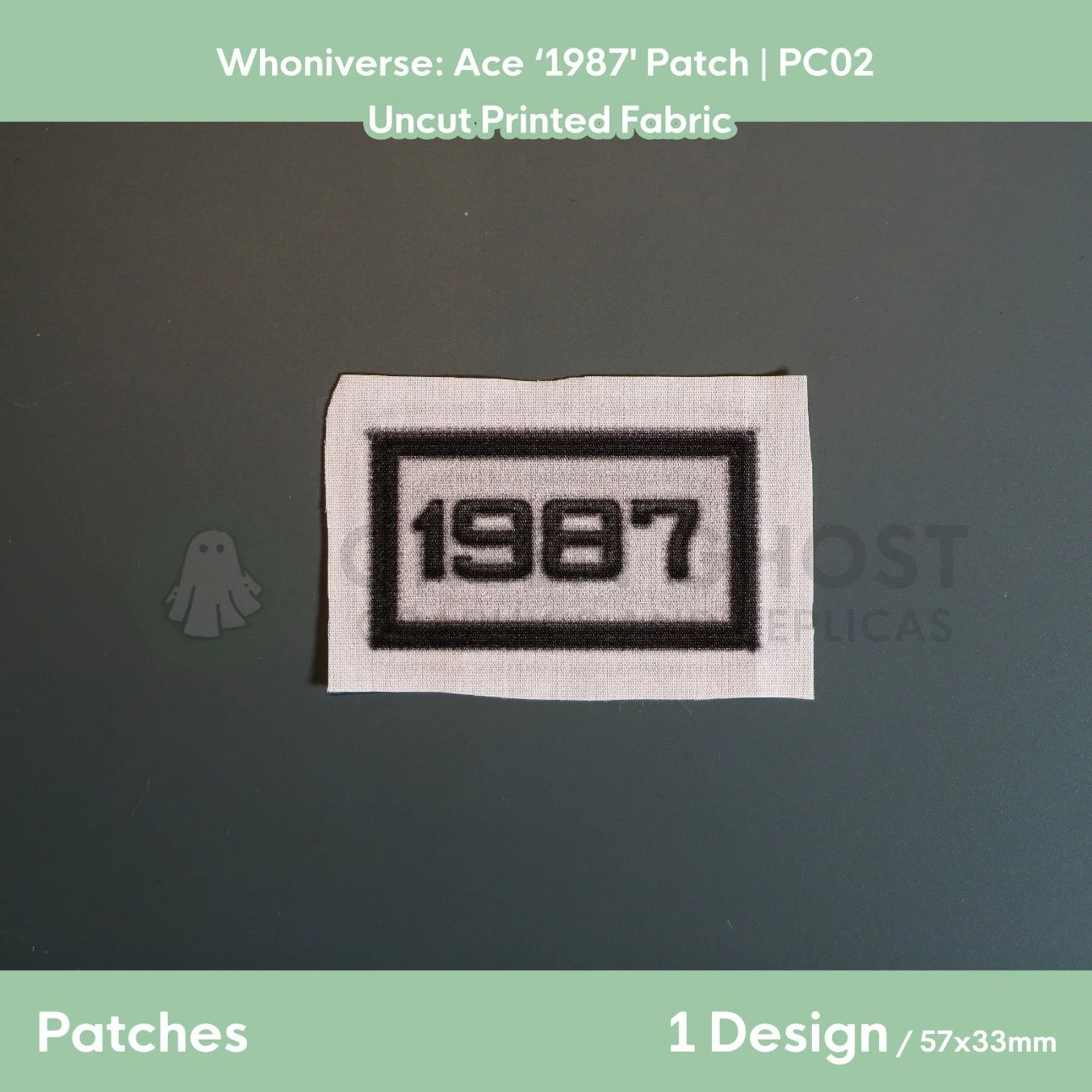 Uncut version of the patch laid flat on a table showing the design and a 5-10mm fabric bleed.