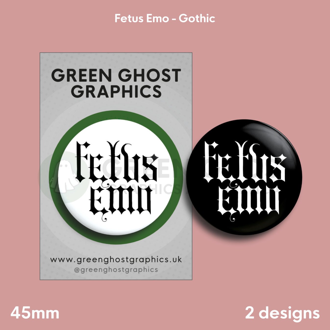 Two round badges, one white and one black, with "Fetus Emo" text arranged on a pink background with branding above.