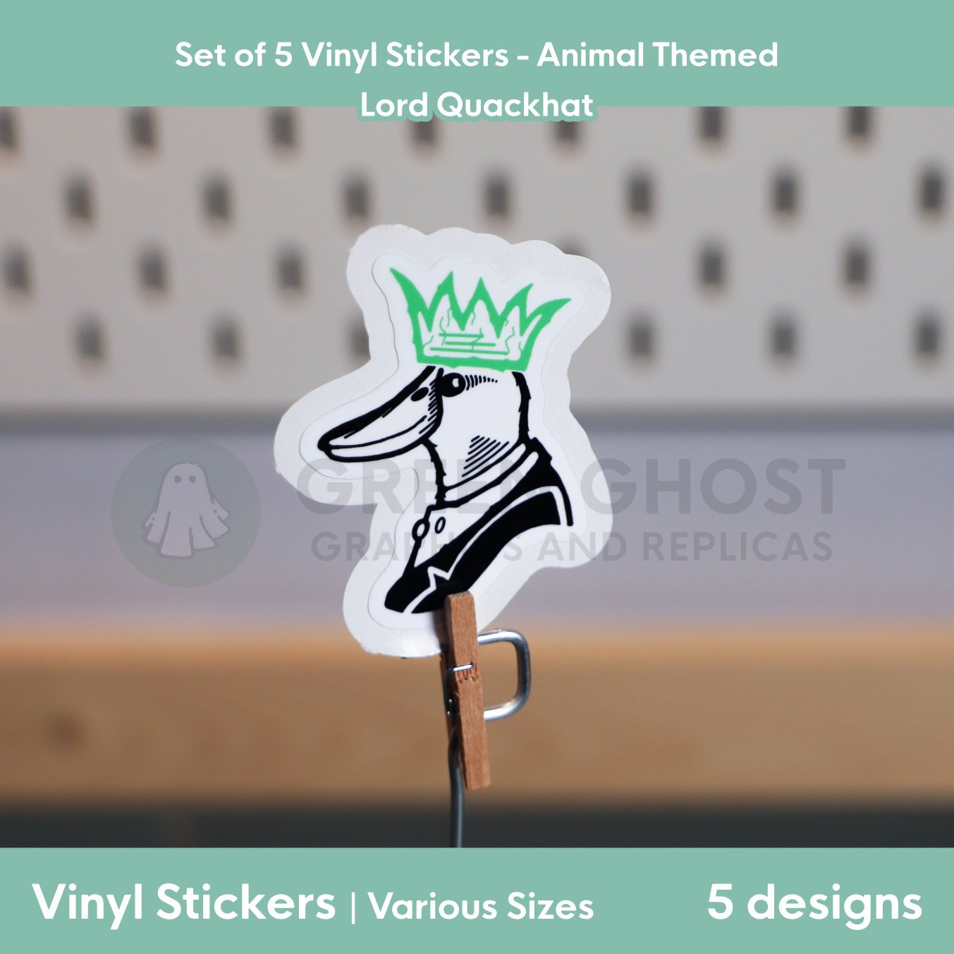 Rough lino printed style sticker of a royal duck in a smart suit and a green party hat / crown on a blurred peg board background.