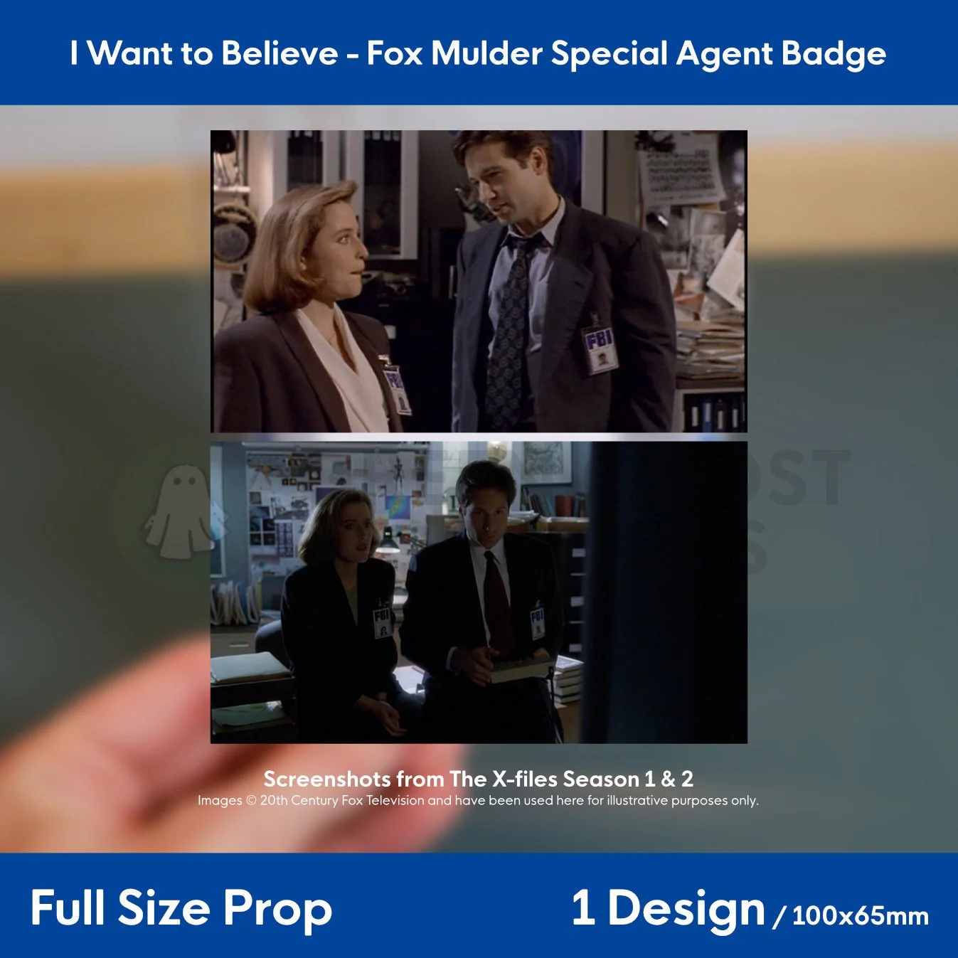 A collage of X‑Files screenshots showing blue and white FBI ID badges worn on jackets, displayed as reference images.