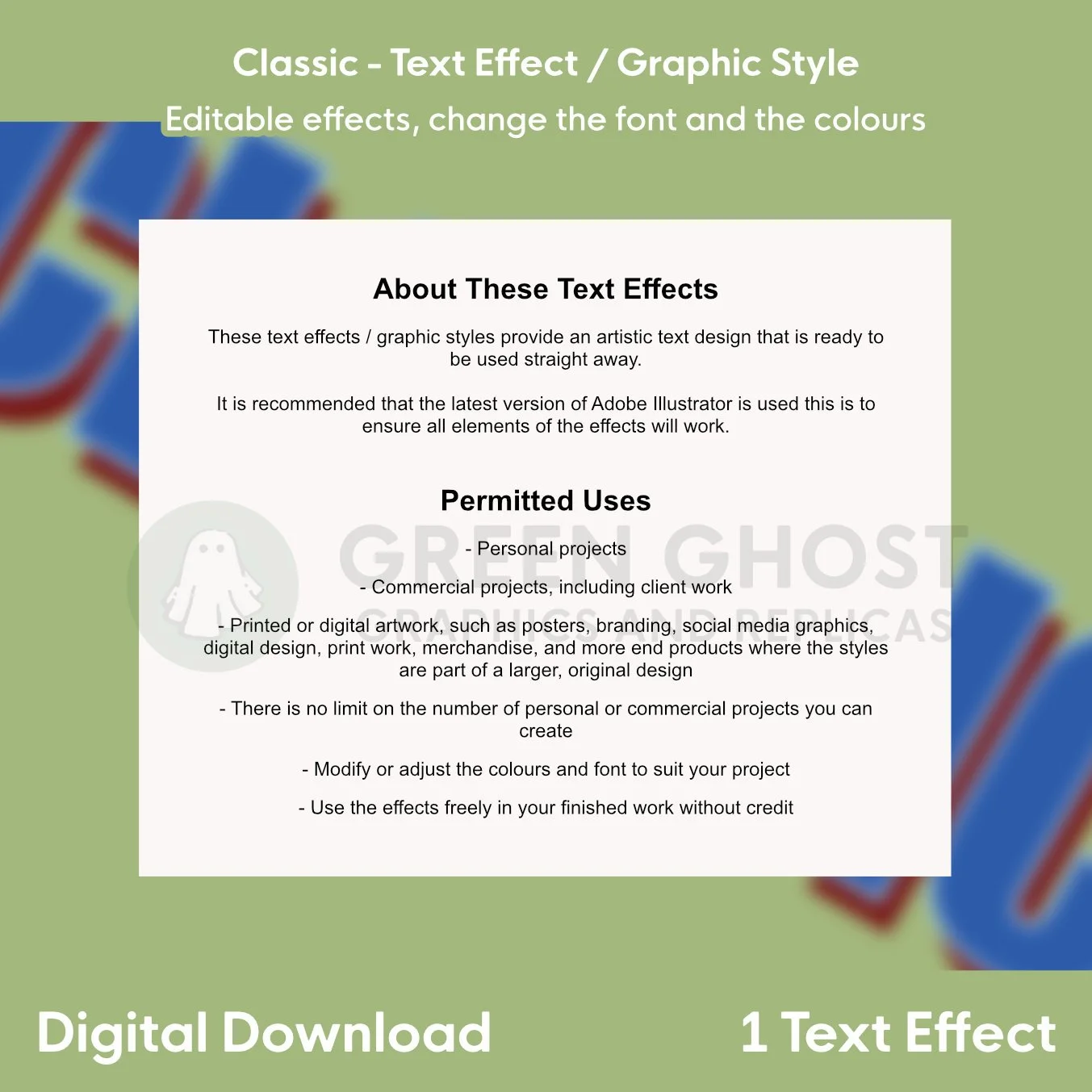A white information panel describing the Classic text effect displayed over a blurred green background.