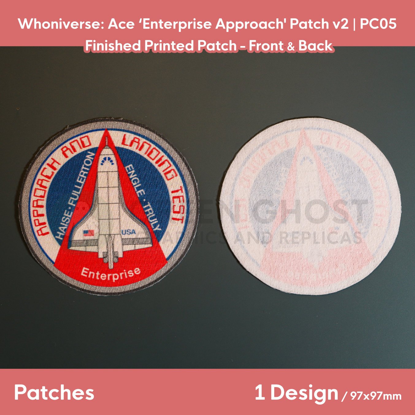 Finished version of the Enterprise patch laid flat on a table showing the front design and the interfaced backing.