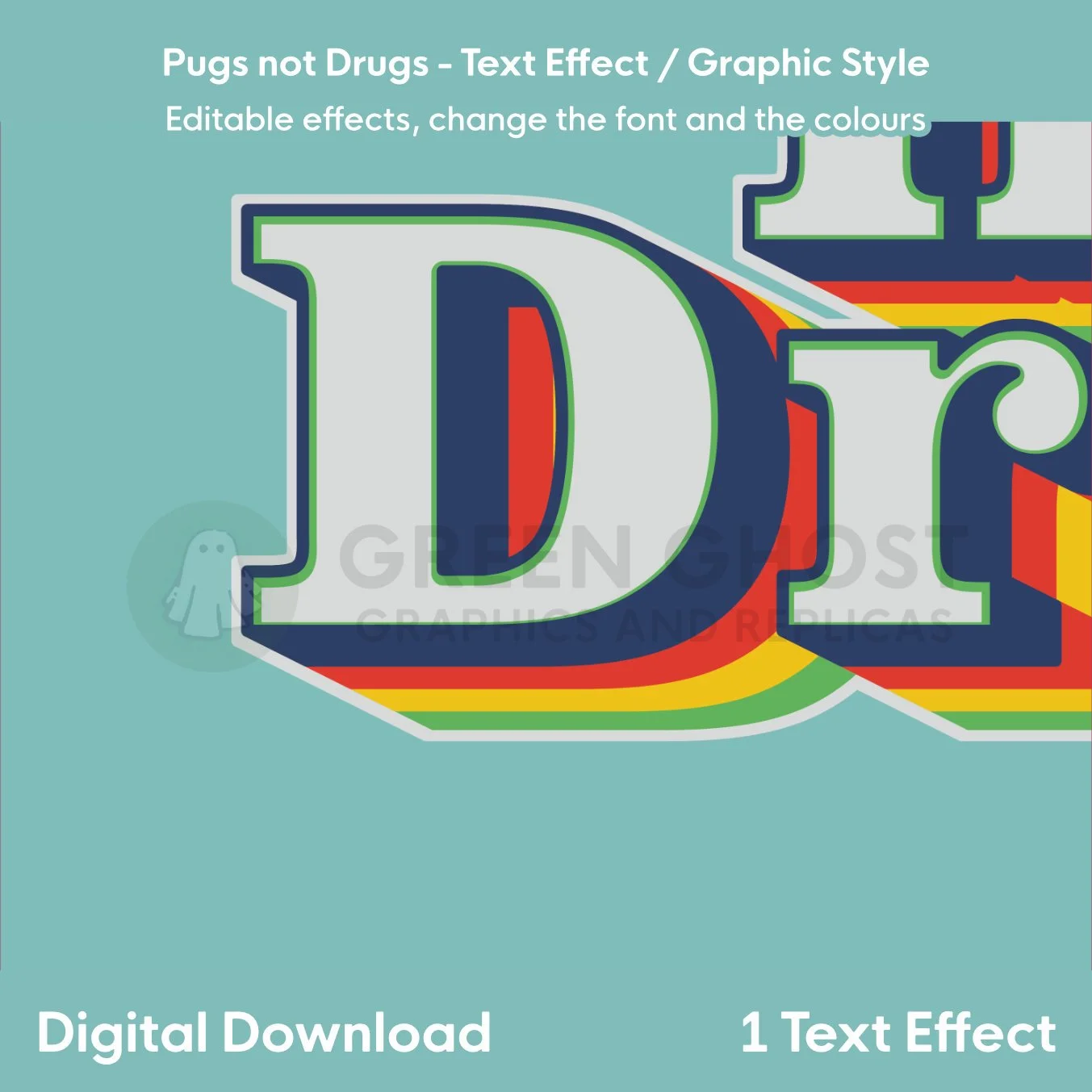 Close up of Pugs Life Text Effect, bright pink text with blue and grey shadows on a bright blue background.