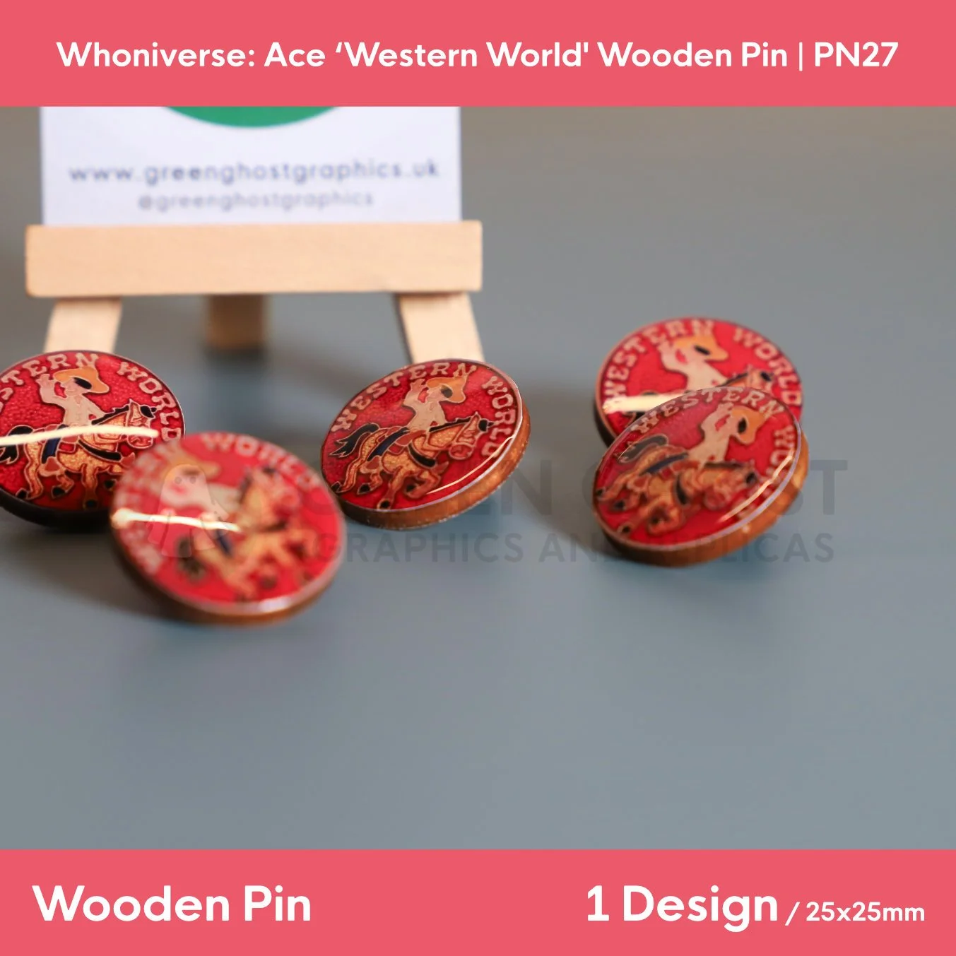 A group of circular wooden “WESTERN WORLD” pins arranged on a smooth surface, with one pin propped on a wooden easel holding a branded backing card.