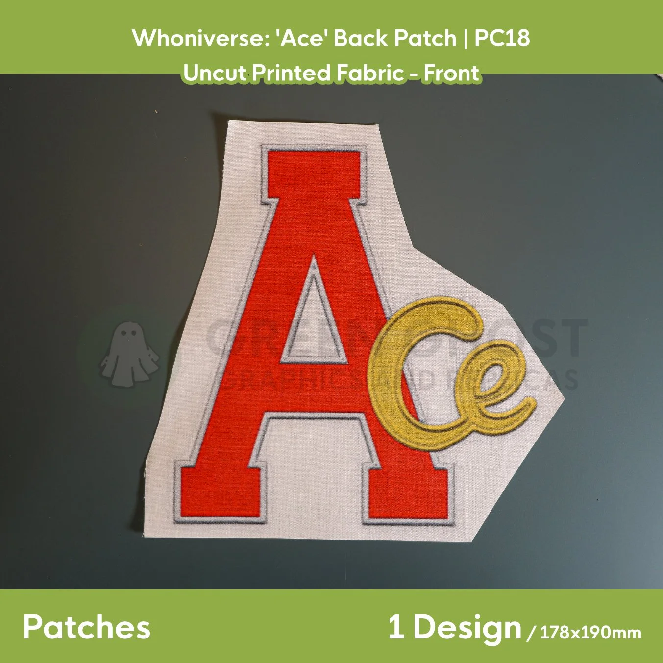 Unfinished version of the Ace back patch laid flat on a table showing the front design.