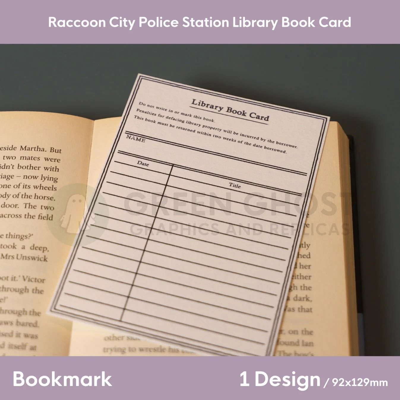 A two‑sided Raccoon City Police Station library‑card bookmark displayed on a wooden easel, showing blank checkout fields and a printed department address.