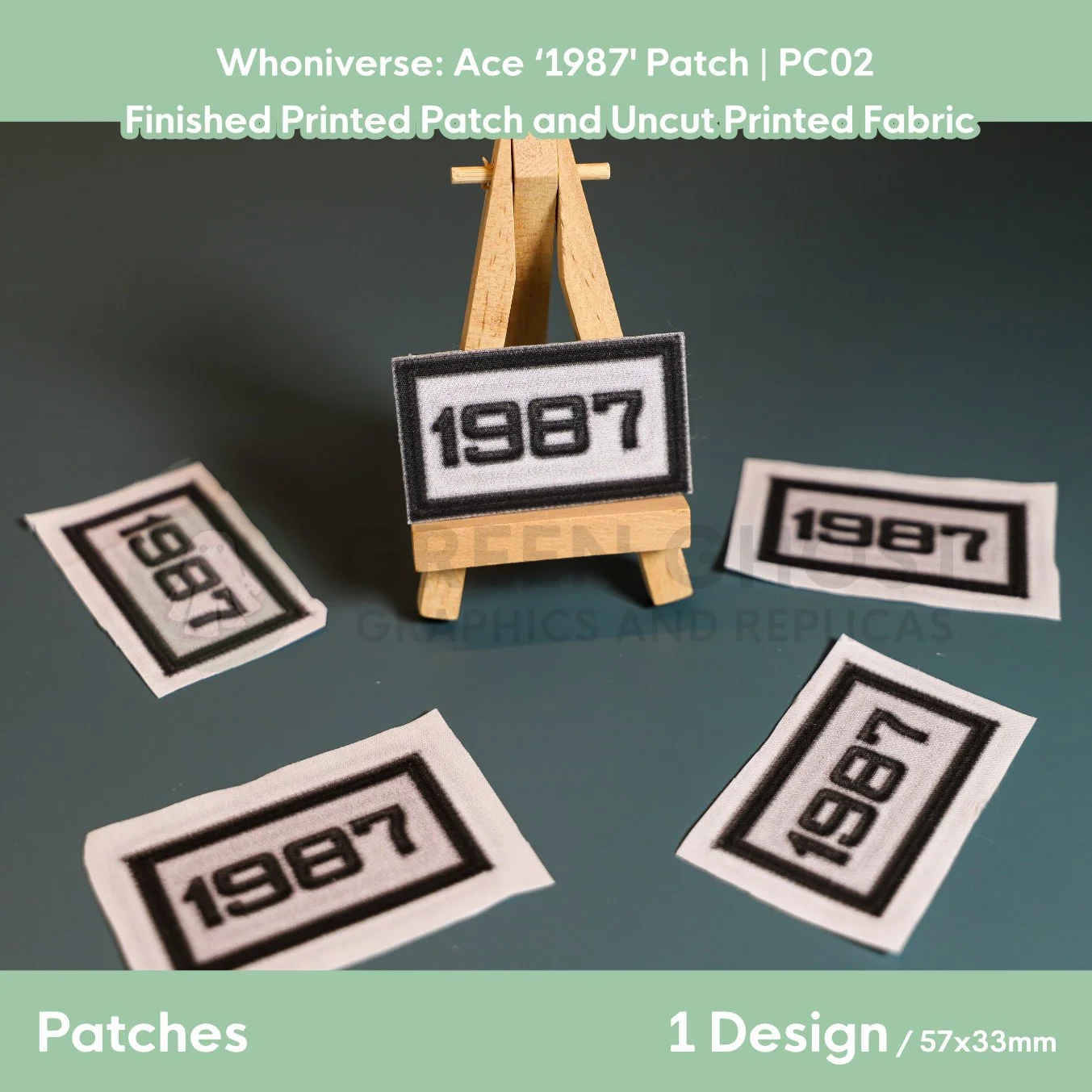 Printed patch design, both finished and unfinished. Black text reading 1987, with a black border and white interior.