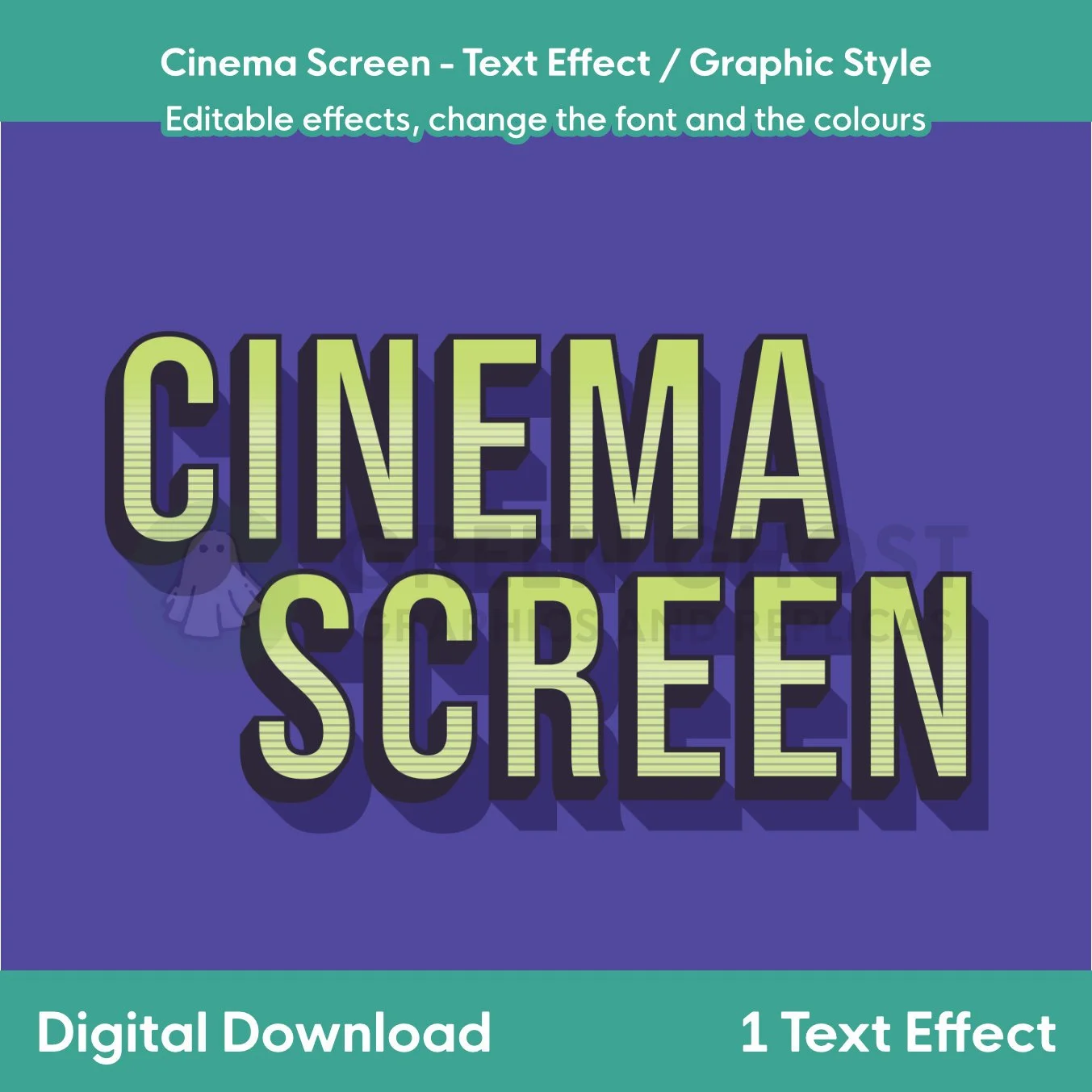 A mint‑green “CINEMA SCREEN” title with a dark shadow effect shown on a solid purple background.