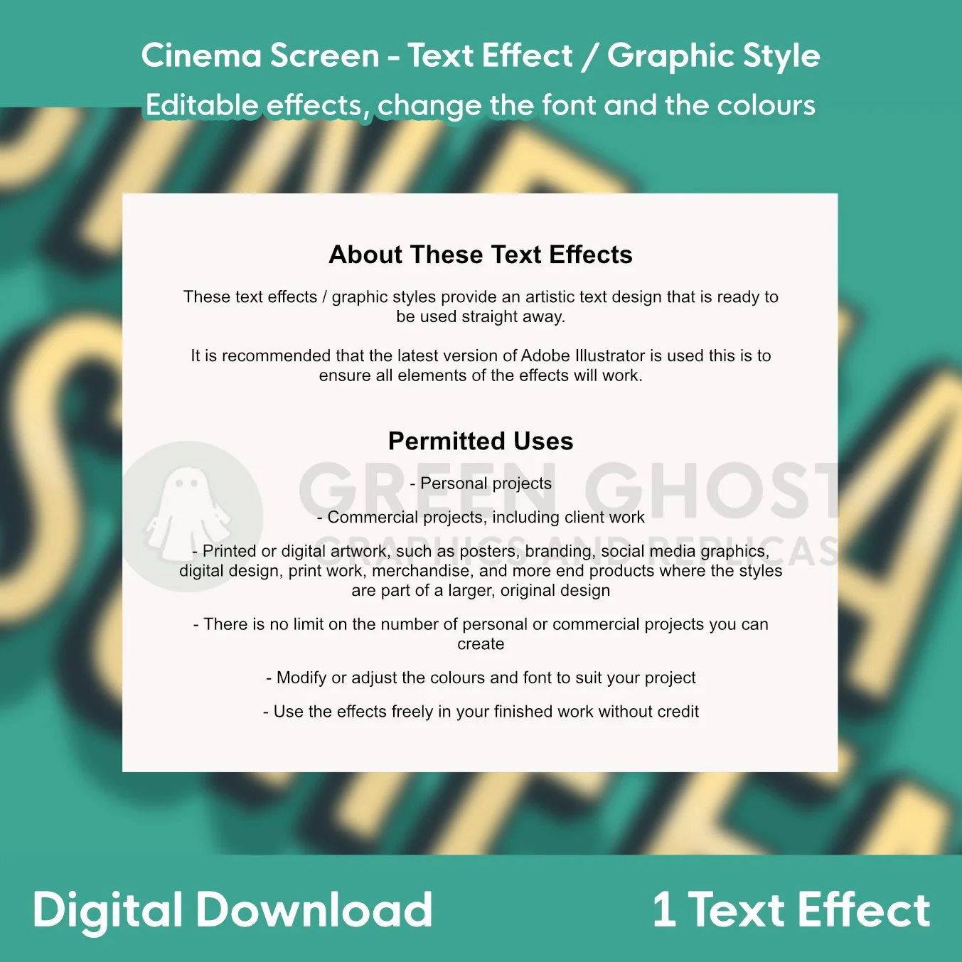 A white information panel describing the Cinema Screen text effect displayed over a blurred teal and beige background.