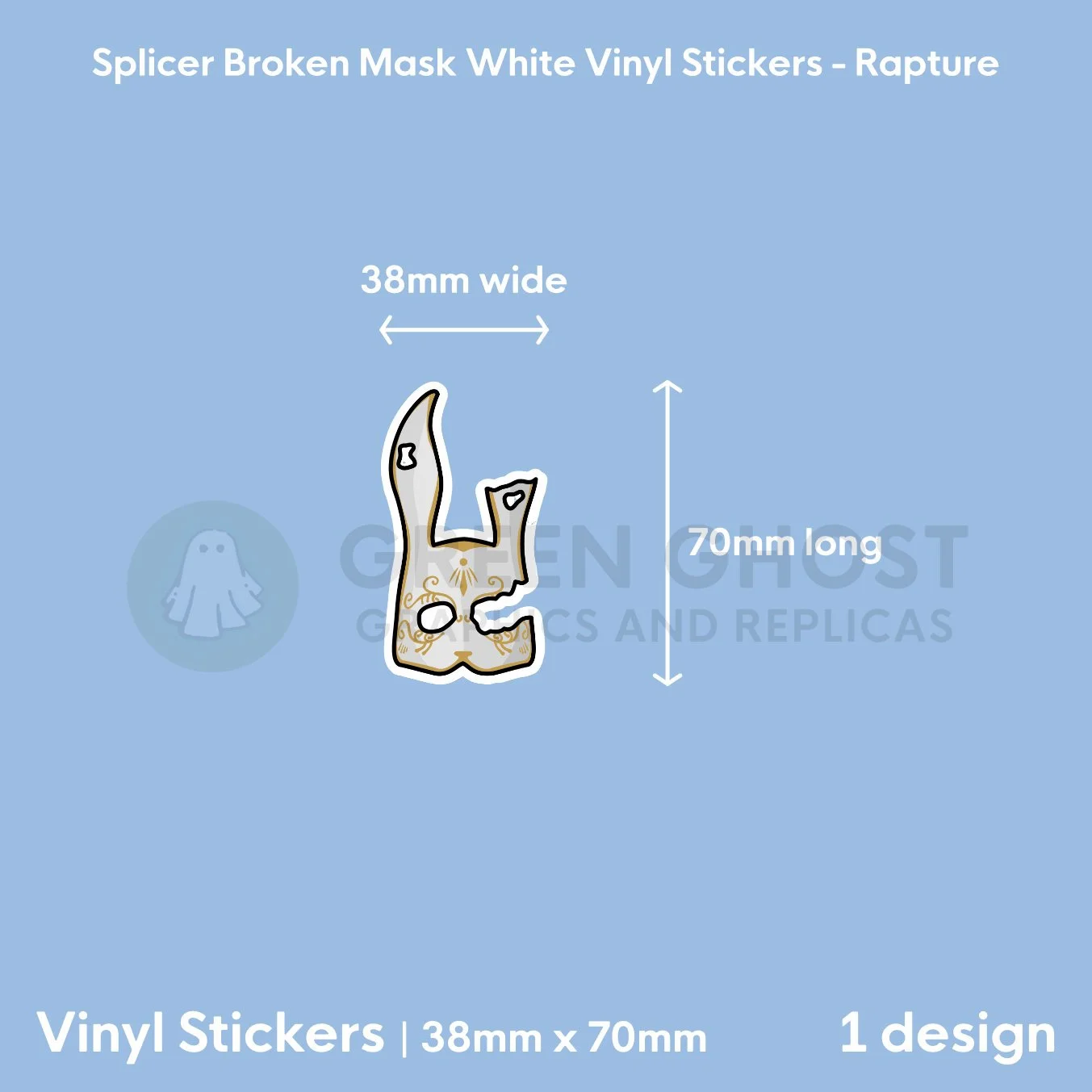 Sticker on a pale blue background showing the dimensions, 38mm x 70mm.