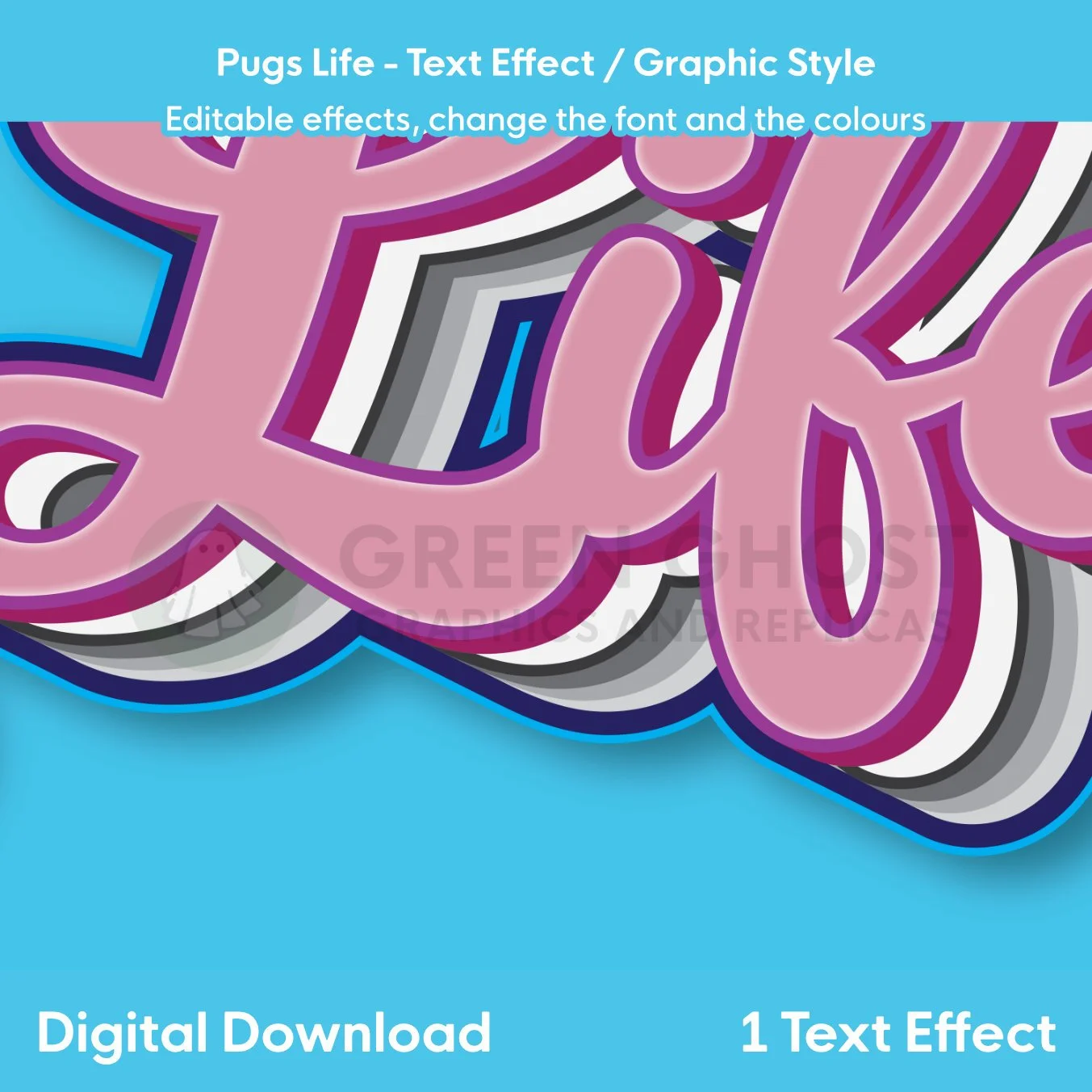 Close up of Pugs Life Text Effect, bright pink text with blue and grey shadows on a bright blue background.