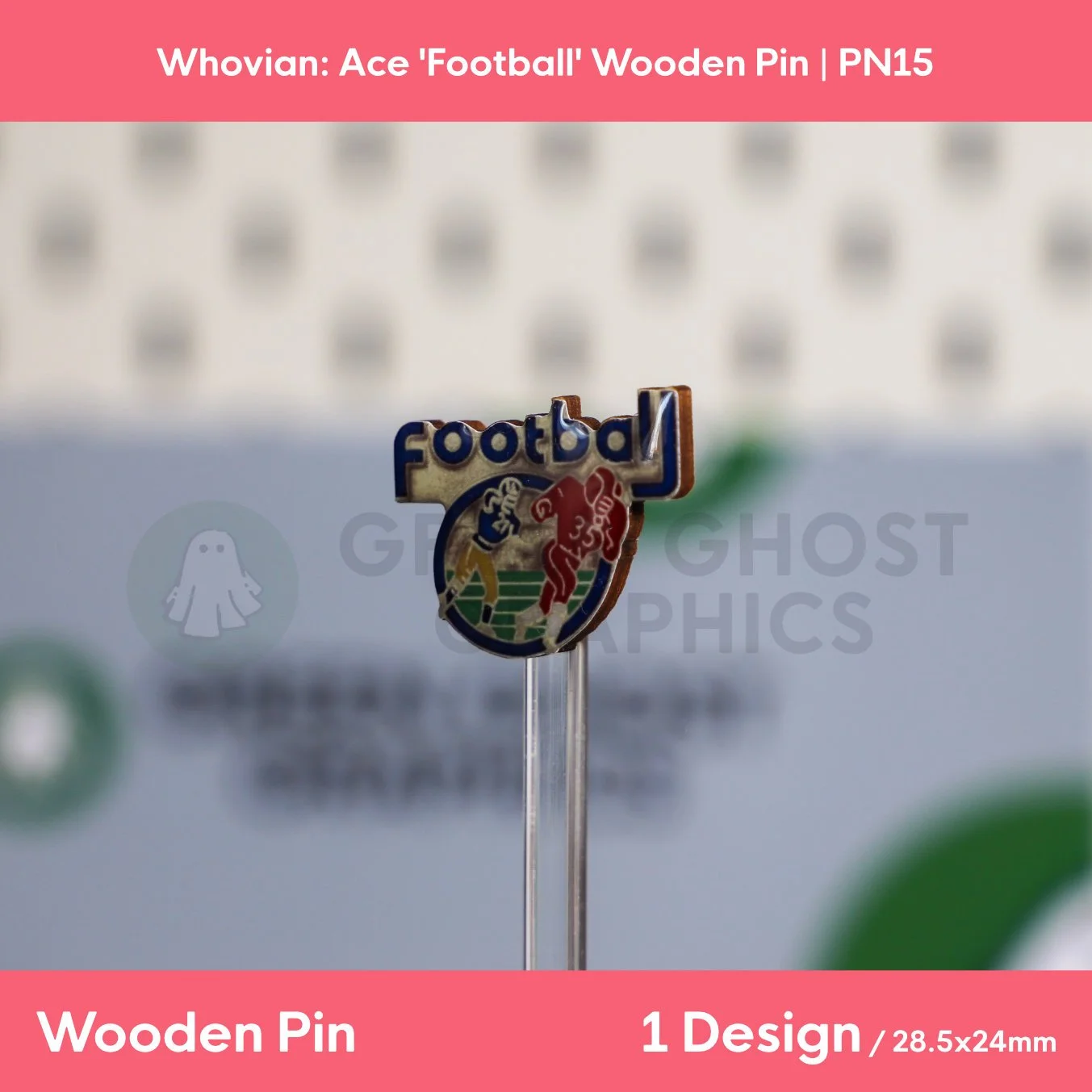 A shaped wooden pin featuring blue “Football” text and red and blue football players displayed upright on a transparent display rod.