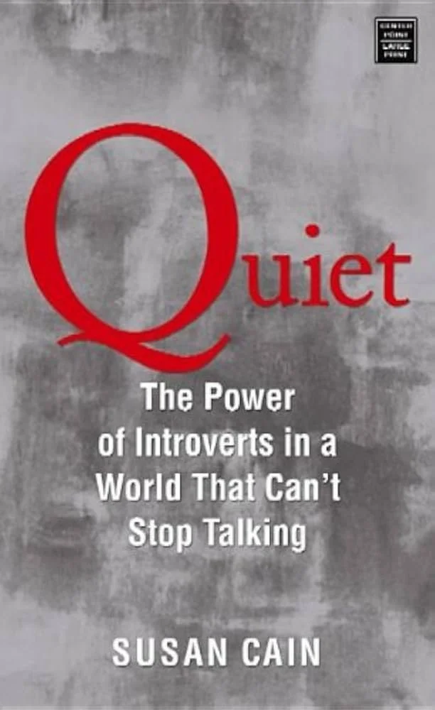 Book cover titled 'Quiet: The Power of Introverts in a World That Can't Stop Talking' by Susan Cain, with a gray textured background and large red letter 'Q' in the title.