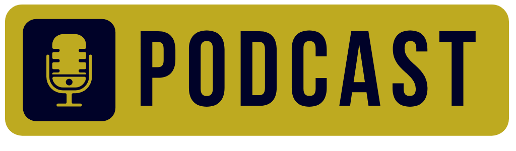 Yellow podcast logo with a black microphone icon to the left and the word 'PODCAST' in bold black letters to the right.