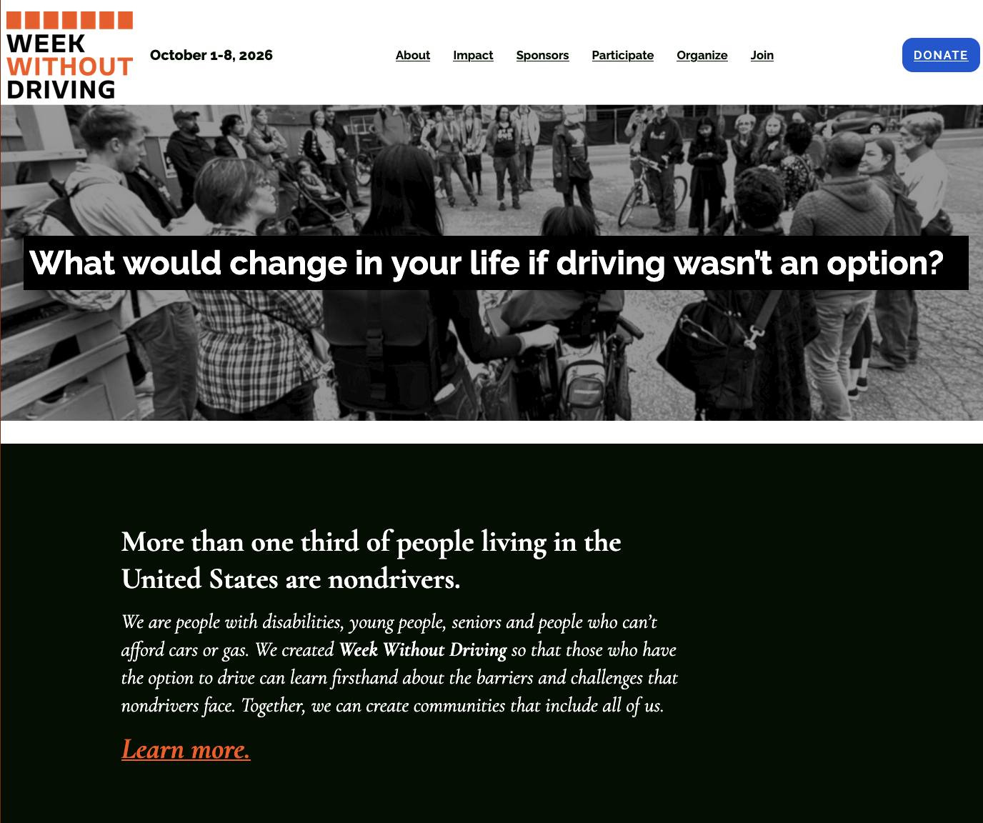 Week Without Driving campaign homepage with the headline "What would change in your life if driving wasn't an option?"