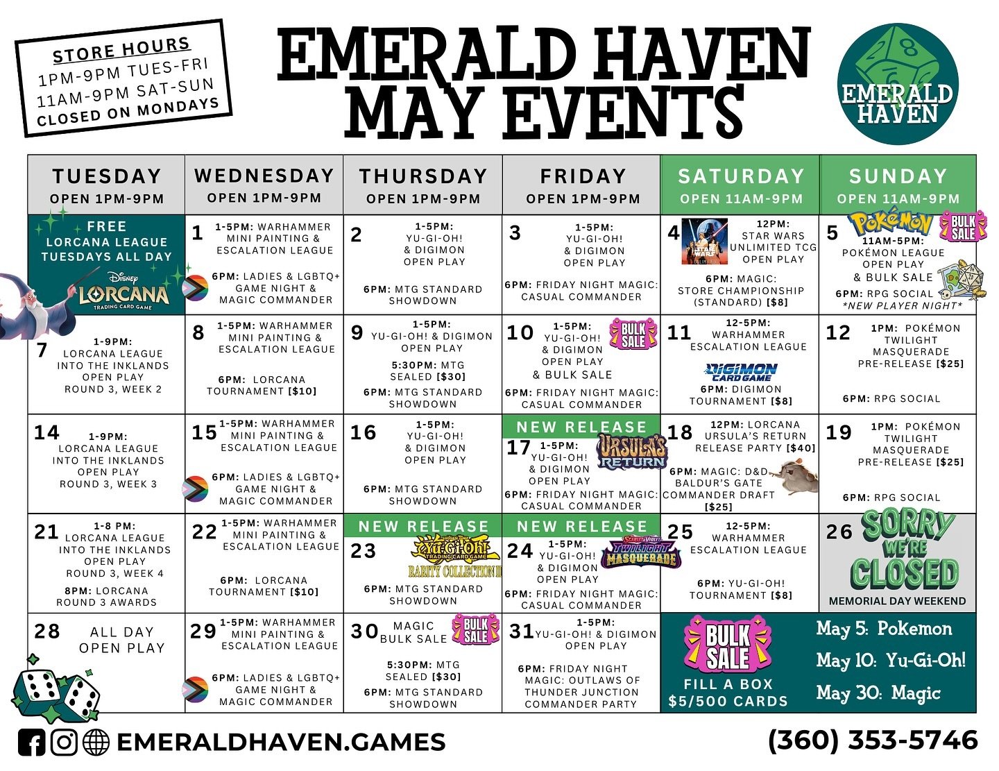 🌈 This May, we&rsquo;re not just playing games; we&rsquo;re making connections! Emerald Haven is a inclusive gaming community where everyone can find a game they love and a regular play group that feels like home. Come see what&rsquo;s on the calend