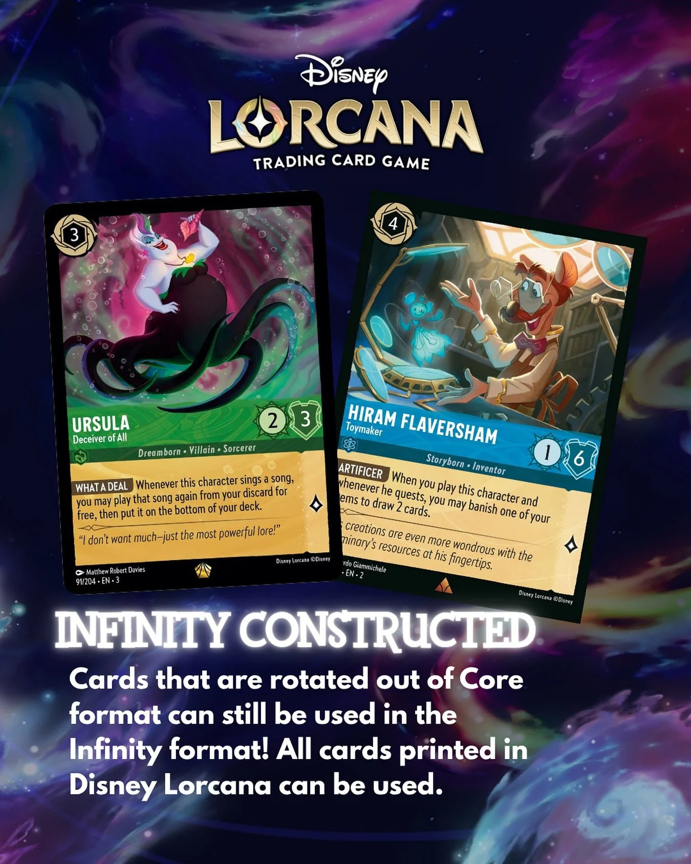 This month we&rsquo;re playing the new Lorcana Infinity Constructed format. Put your full collection to use every Tuesday where all Lorcana cards are legal! Bring a deck and take home promo cards and prizes every week ✨