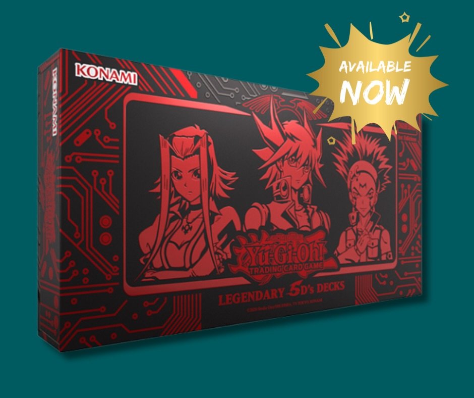 Yu-Gi-Oh! Legendary 5D&rsquo;s Decks&nbsp;are available now! Each box contains 3 complete decks:
* A Yusei Deck with 8 brand new cards never released before
* An Akiza Deck designed for use with the new Akiza-themed cards in&nbsp;Doom of Dimensions
*
