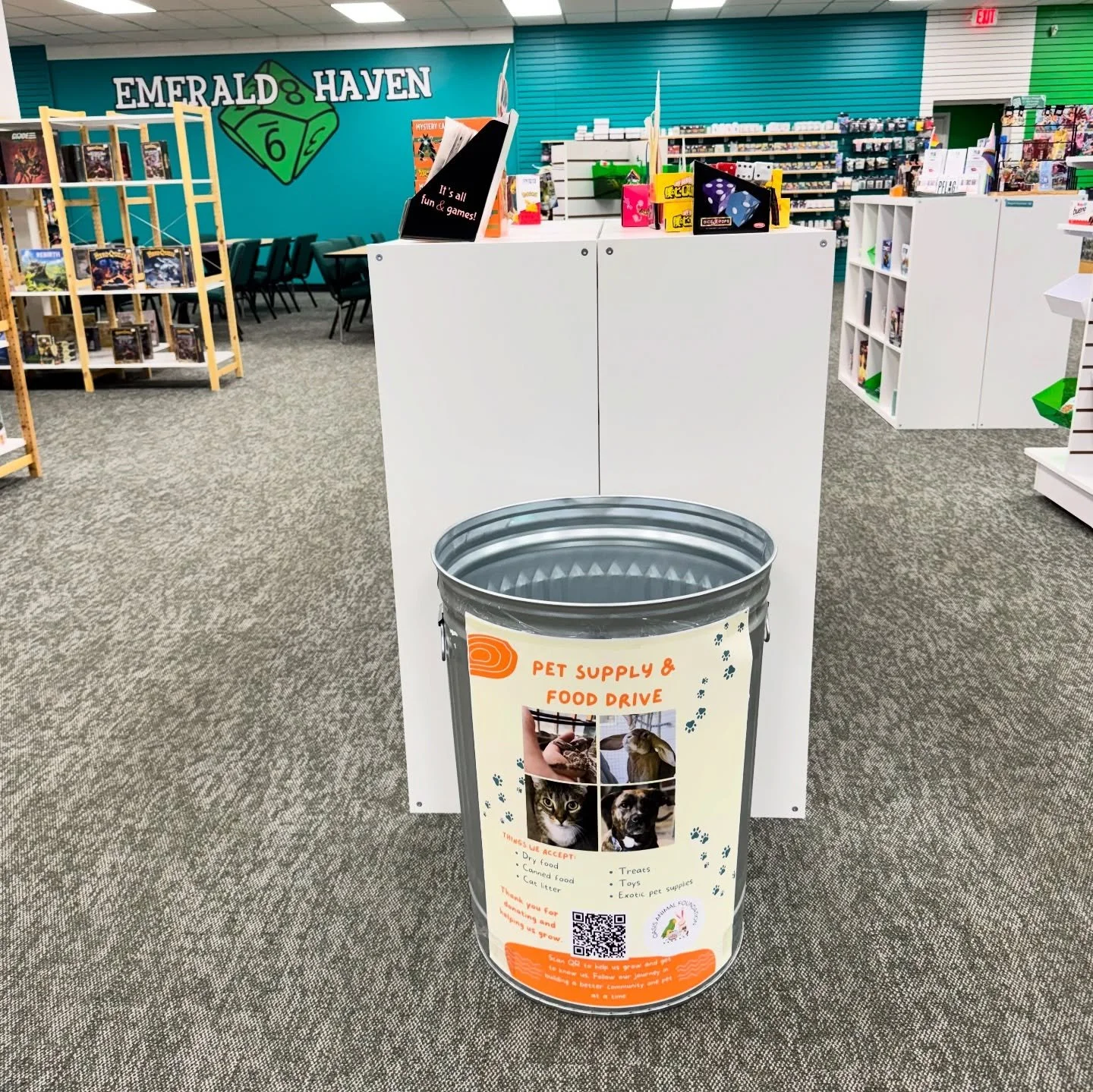 For the next 2 weeks, we&rsquo;ve got a drop-off bin at Emerald Haven for the Oasis Animal Foundation! They&rsquo;re a new local non-profit that is organizing a community pet food and supply pantry that helps feed low-income and crisis-impacted famil