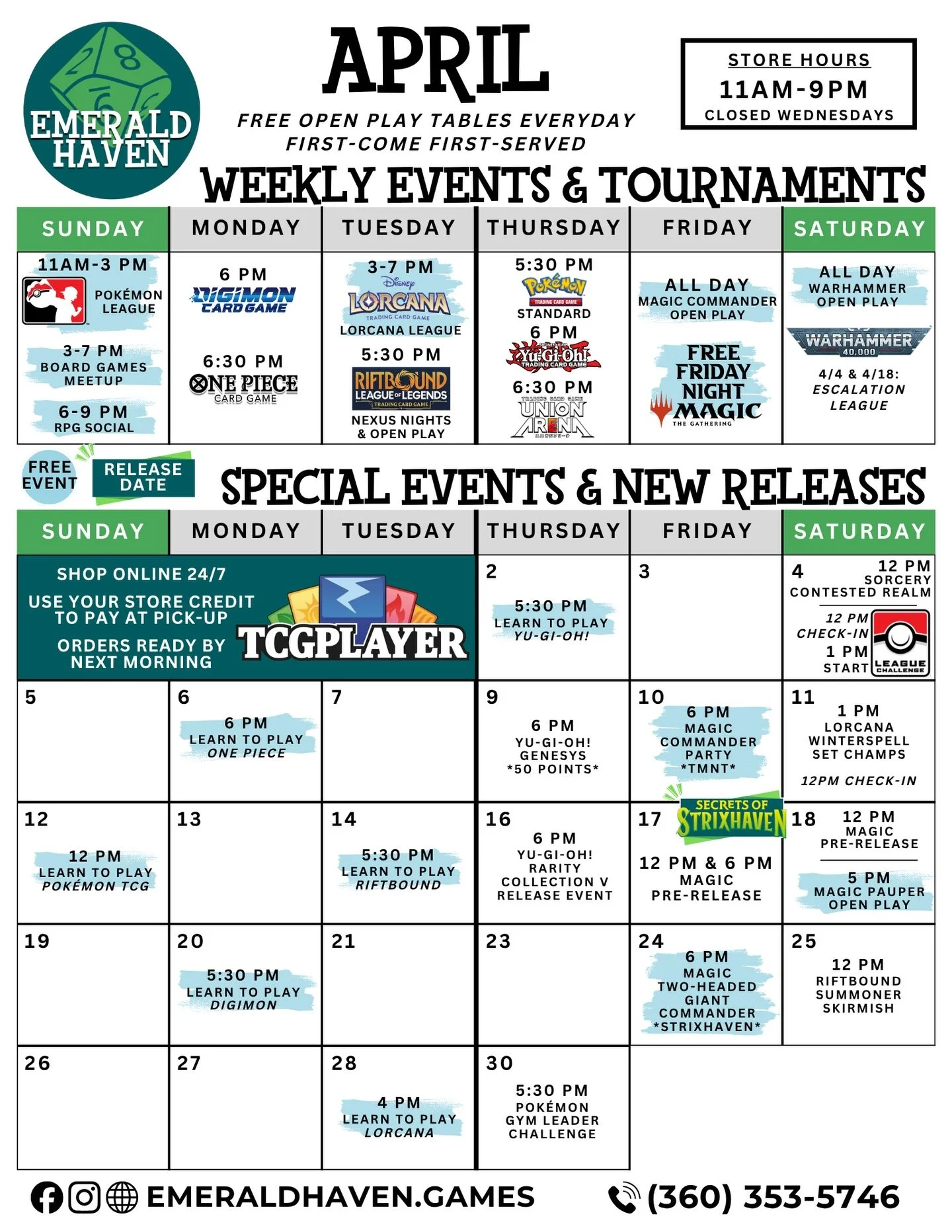 ☔ Don&rsquo;t let a little rain this season dampen your spirits. Our April event calendar is packed with things to do, come rain or shine!

🌸 Bring your best decks on Saturdays to battle in this month&rsquo;s Pok&eacute;mon Challenge, Lorcana Set Ch