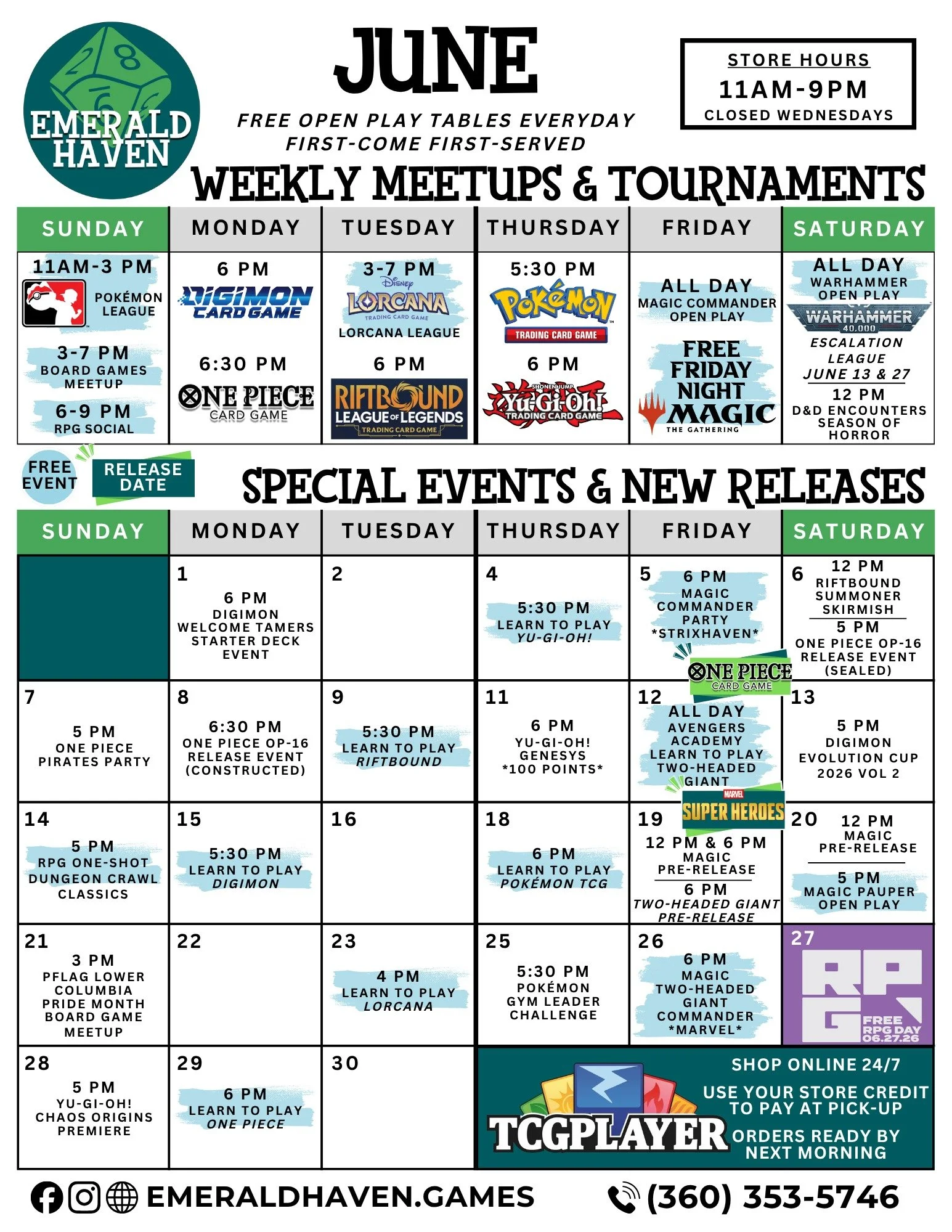 Updated to add 6/21 and 6/28 events!

🎲 Free RPG Day comes but once a year, and our 4th year is set to be our best yet! We have a full day of beginner sessions planned where anyone can roll their first RPG dice, plus some variety of longer sessions 