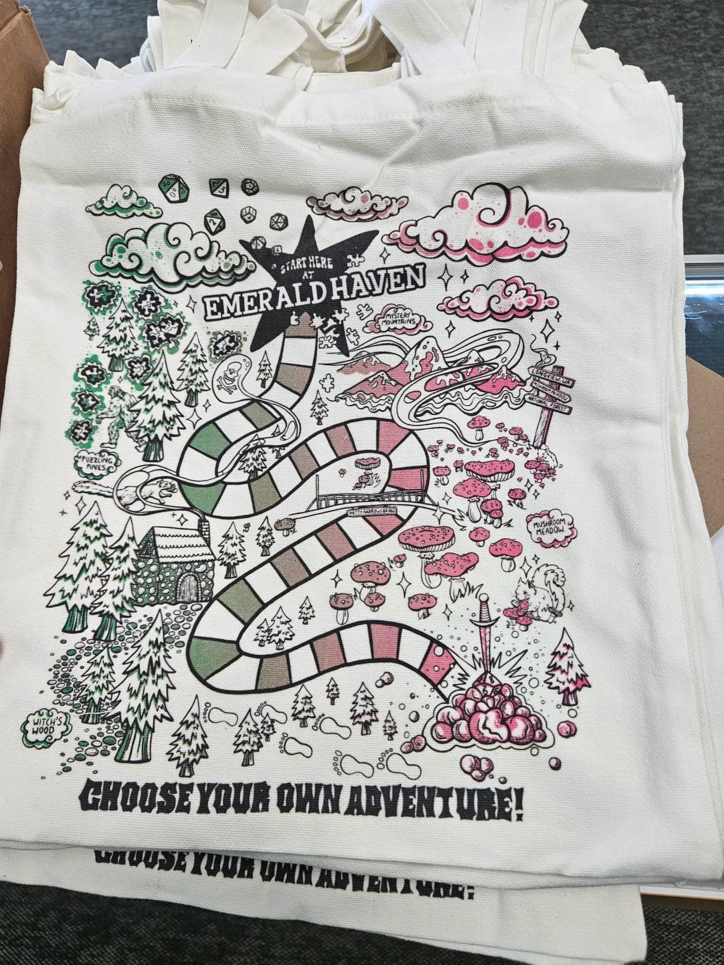 New merch just dropped! The talented Mercury (@queerhippie_art) drew our very own Longview Candy Land world 🌲🐿️🍭🏔️🎲