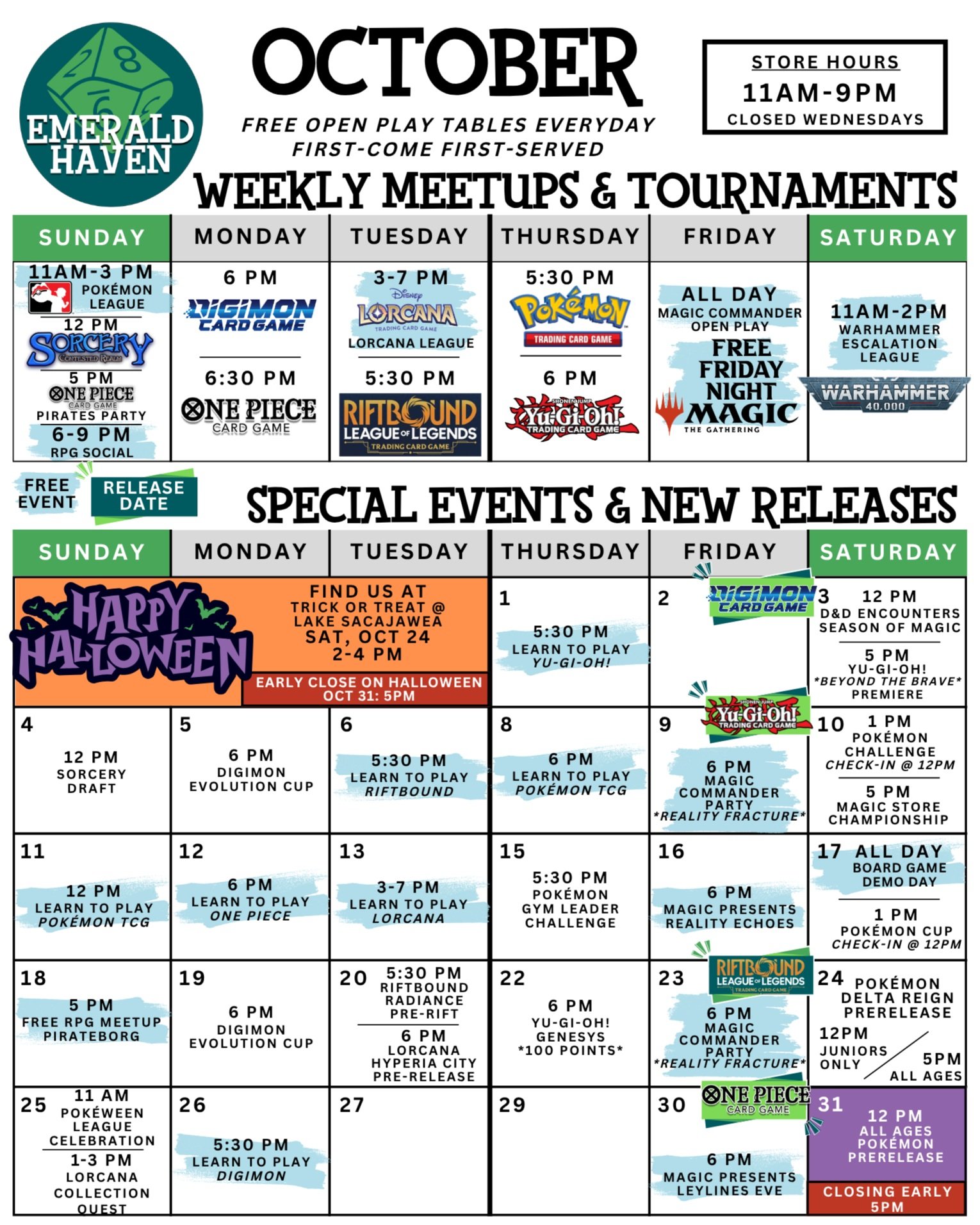 🌬️ The October chill has already arrived, and we have a lot to look forward to next month!

Join one of our six Pre-Release events for a first look at new cards from Yu-Gi-Oh!, Riftbound, Lorcana, and Pok&eacute;mon 👀

Magic players can look forwar