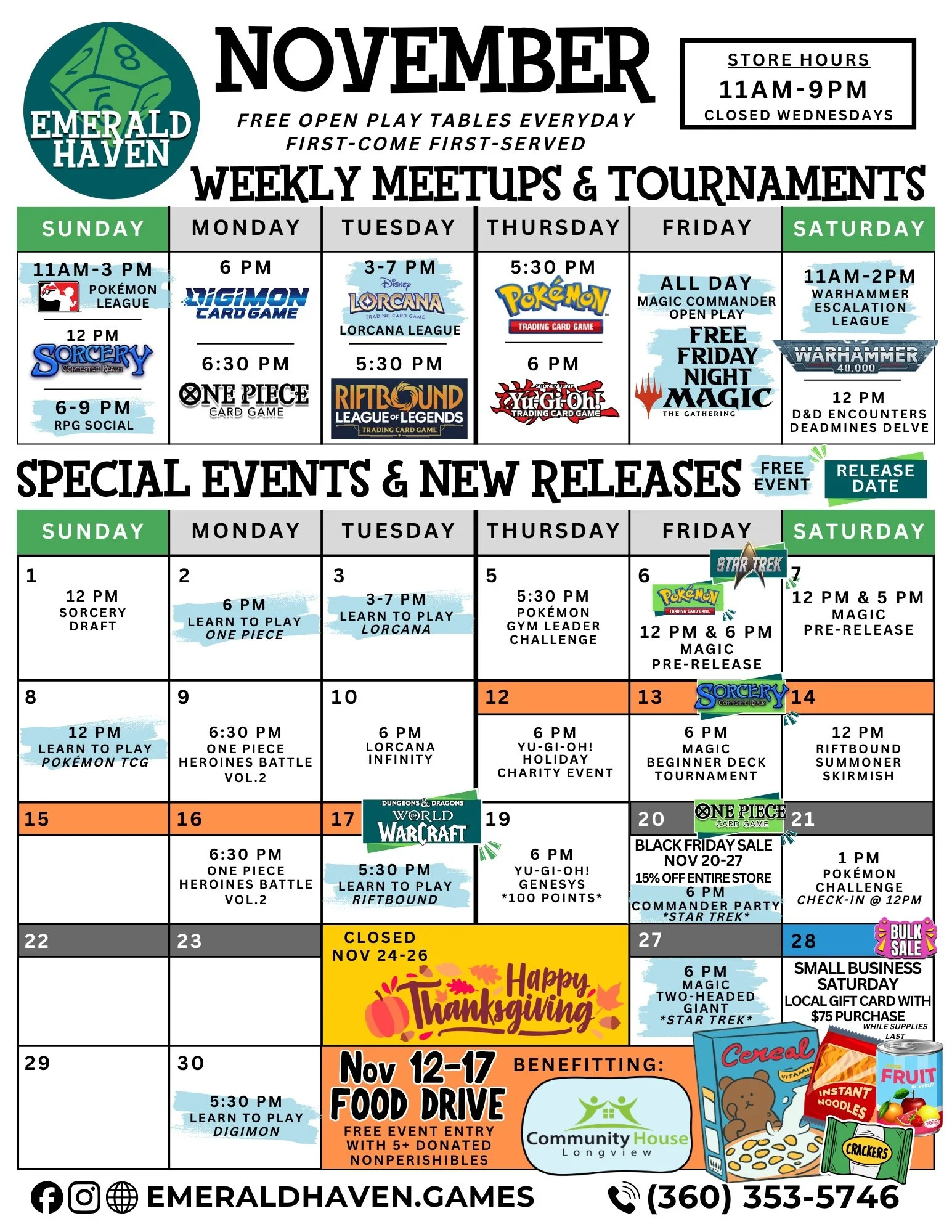🌧️ Escape the drizzle and discover a world of fun at Emerald Haven! Registration is open now for all November events!

Coming up Friday, Nov 6th is a *double new release day* with Magic Star Trek arriving alongside Pok&eacute;mon Delta Reign. Remind