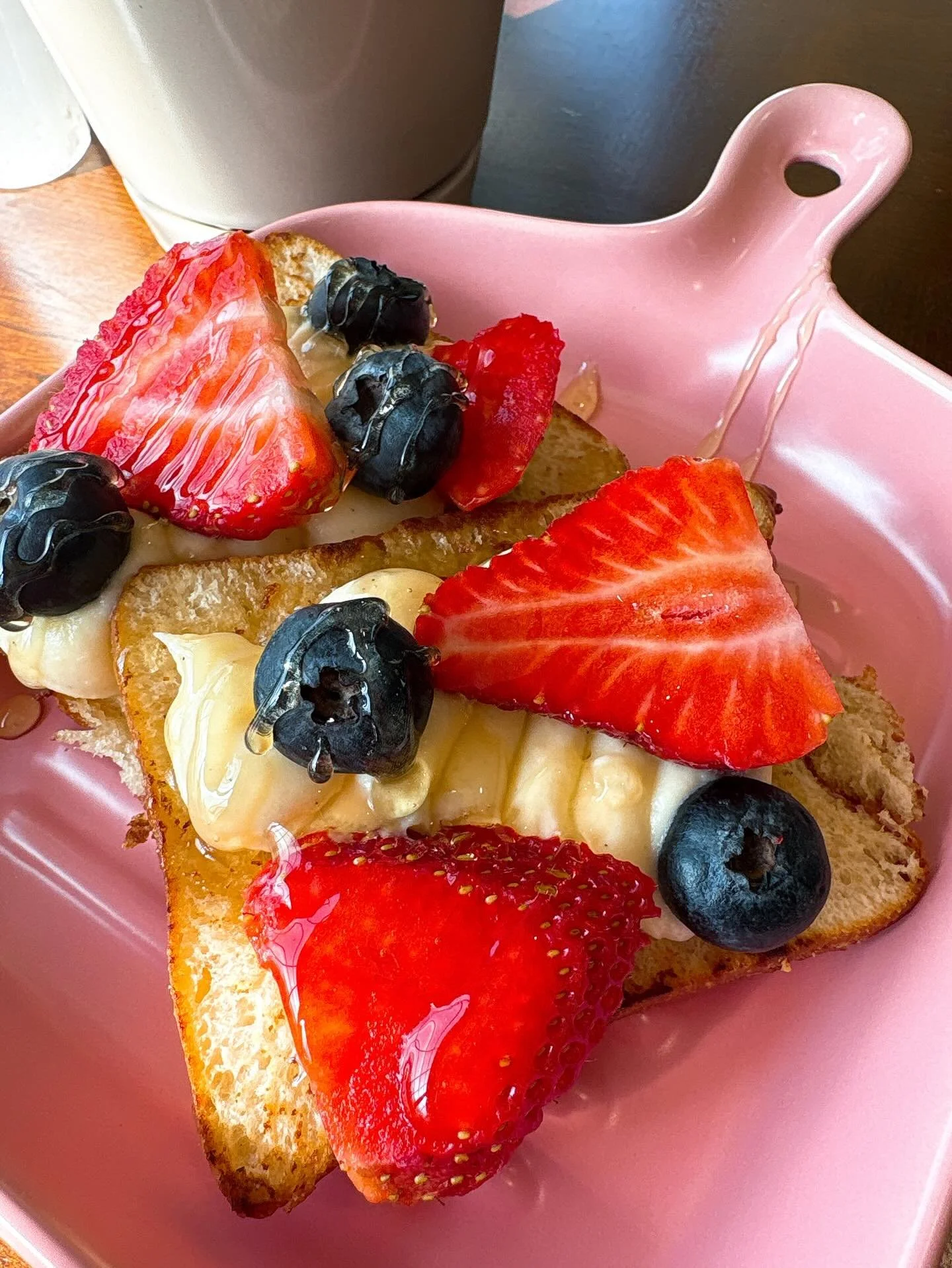 New! Fresh donut, grilled with butter and topped with sweet vanilla pastry cream, fresh berries and drizzled with honey!😋 #thesugarchalet #wilbraham #westernmass