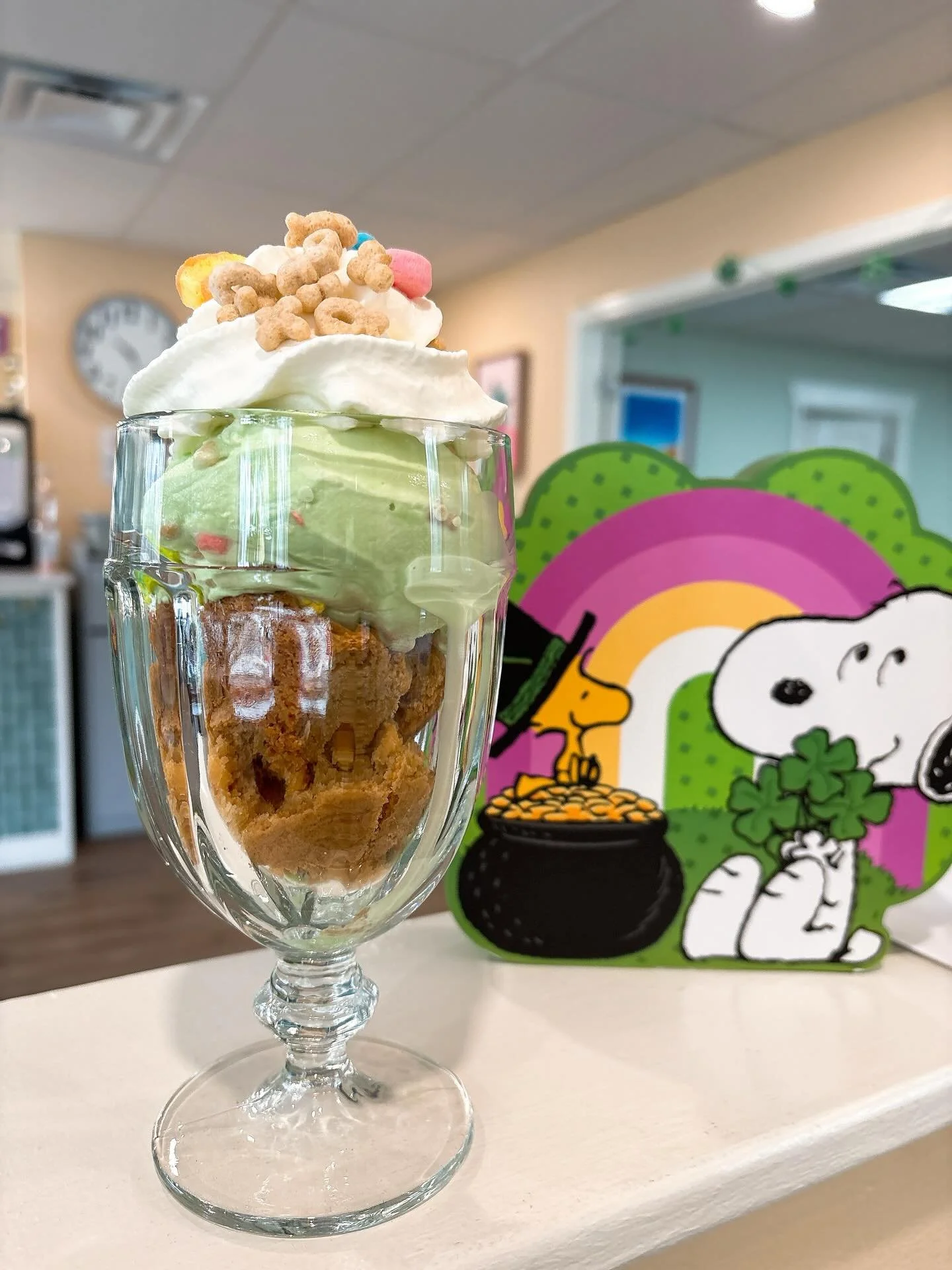Feeling Lucky? Come and try our new lucky charms sundae!! Blondie (the gold at the end of the rainbow), housemade Ice cream, whipped cream and more charms!!! The perfect sweet treat before your week begins #luckycharms #wilbraham #westernmass