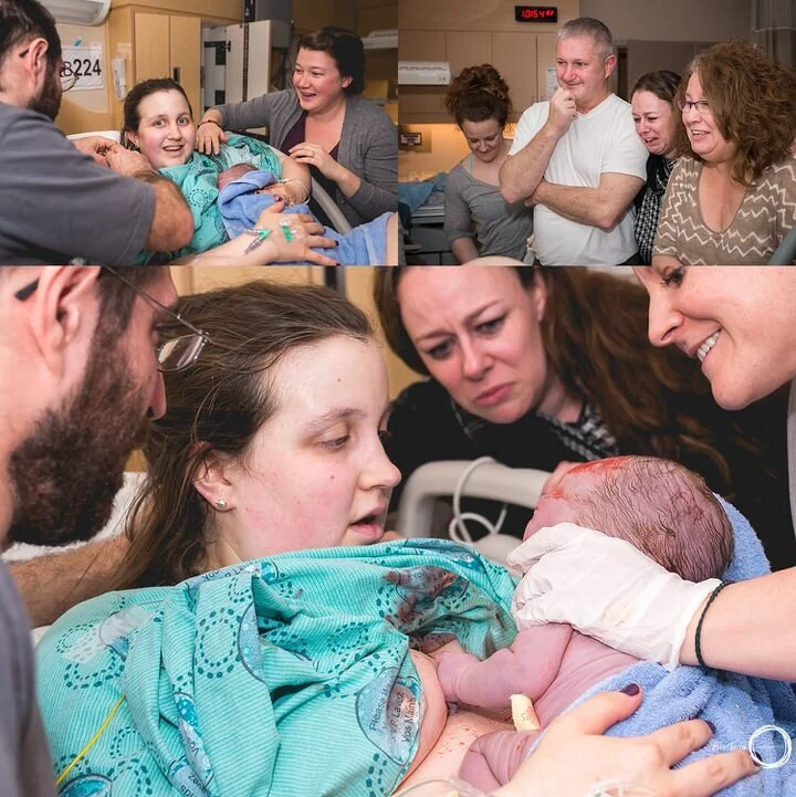 Family gathered around newborn baby just born at Ottawa hospital. Mom looks happy and amazed at her beautiful baby.