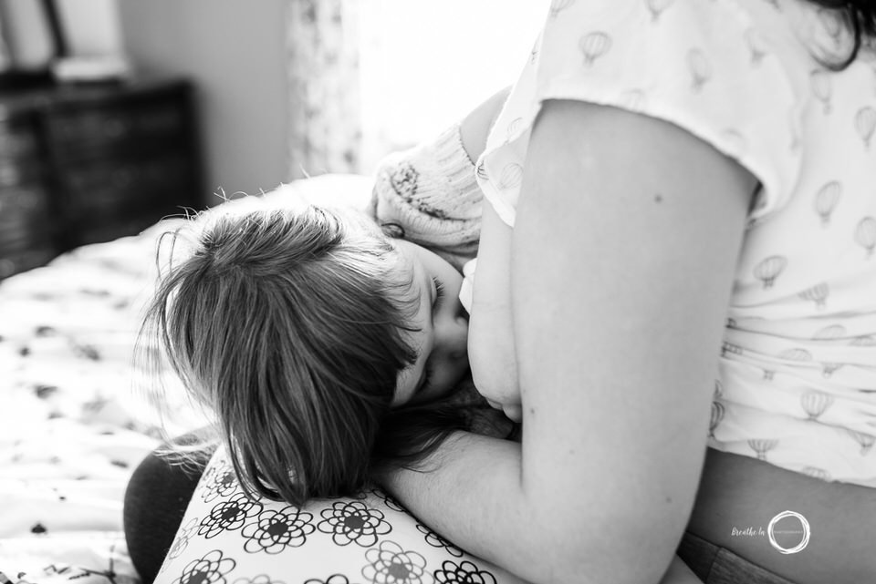 Toddler breastfeeding with mom on bed by beautiful window.